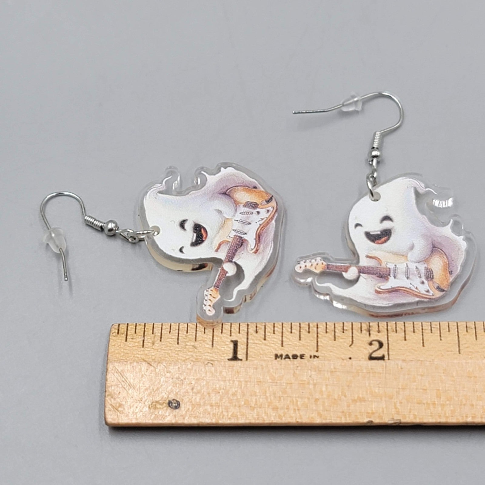 Halloween Ghost Electric Guitar Pierced Earrings Silver tone Dangle 1.5 in