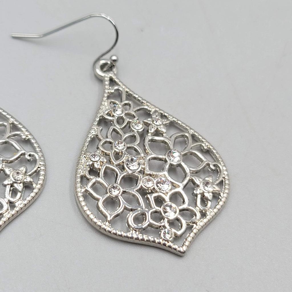 Crystal Flower Open Work Pierced Earrings Silver tone Dangle  1.75 in