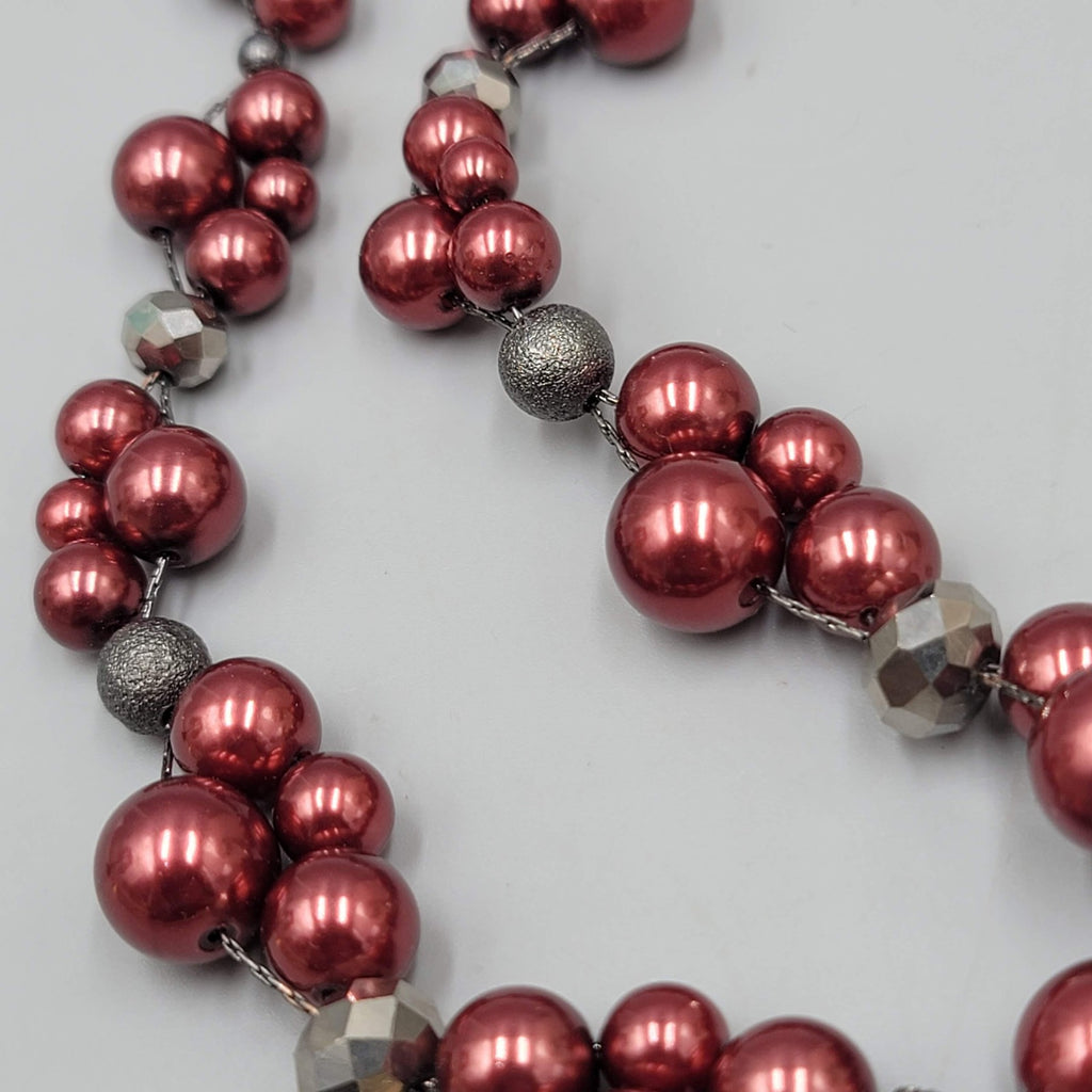 Statement Beaded Necklace Red Faux Pearls Silver Tone Cluster Adjustable 16-18"
