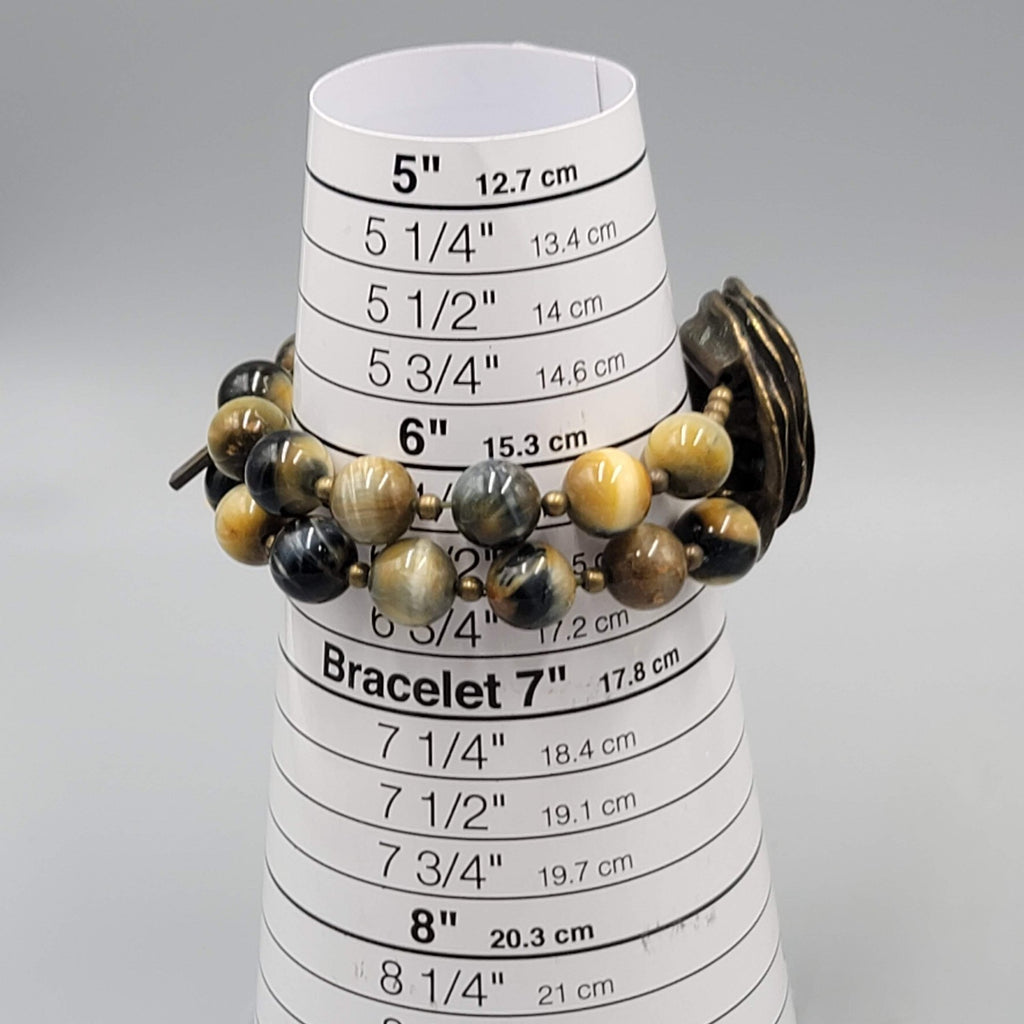 Agate Stone Bead Double Strand Bracelet Bronze tone Signed Elastic