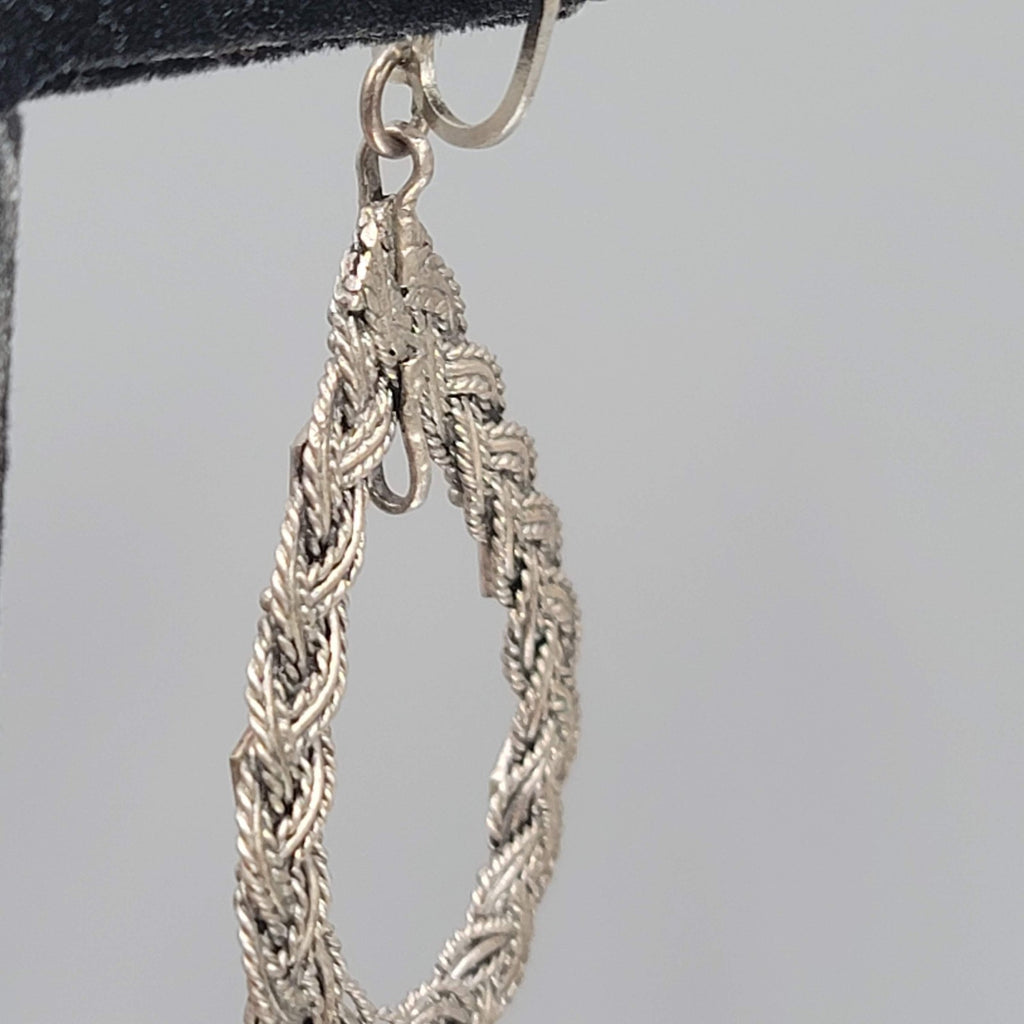 Vintage Open Teardrop Embossed Clip on Earrings Silver tone Dangle 2 in