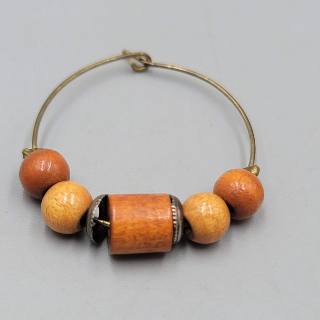 Wood Bead Hoops Pierced Earrings Bronze tone Dangle 1.25"