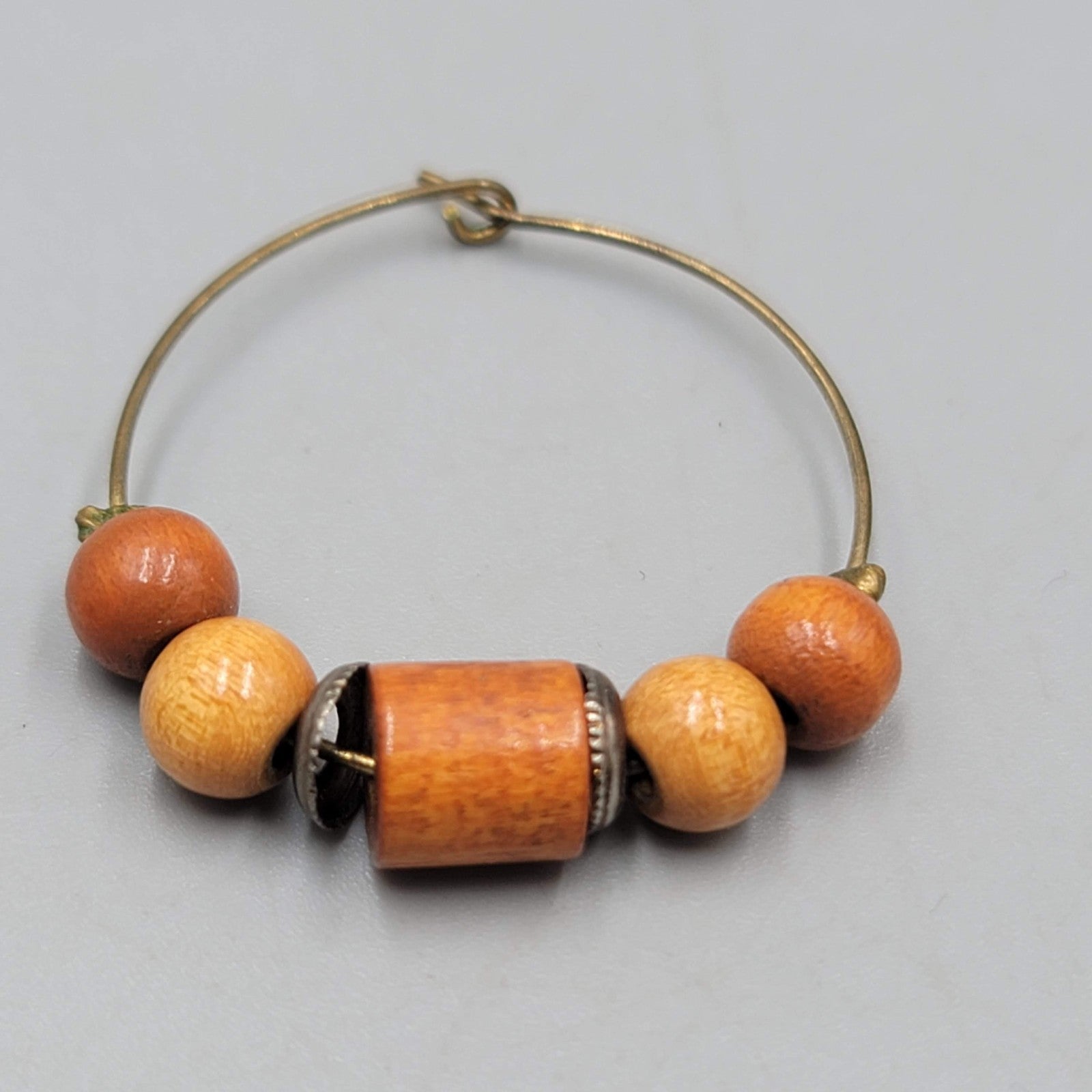 Wood Bead Hoops Pierced Earrings Bronze tone Dangle 1.25"