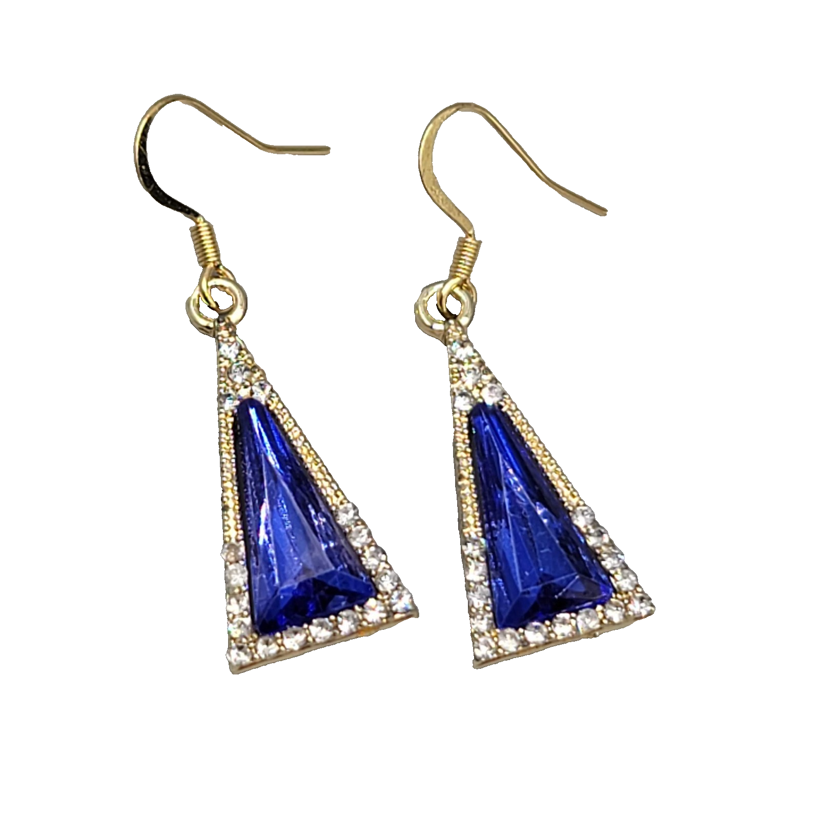 Blue Rhinestone Triangle Pierced Earrings Gold tone Dangle 7/8"