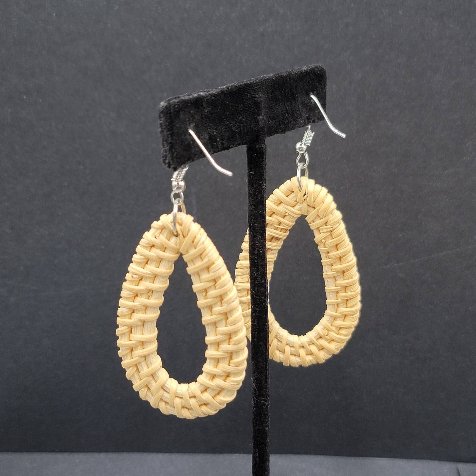 Pierced Earrings Rattan Open Teardrop Dangle Silver tone Hook 2.25"