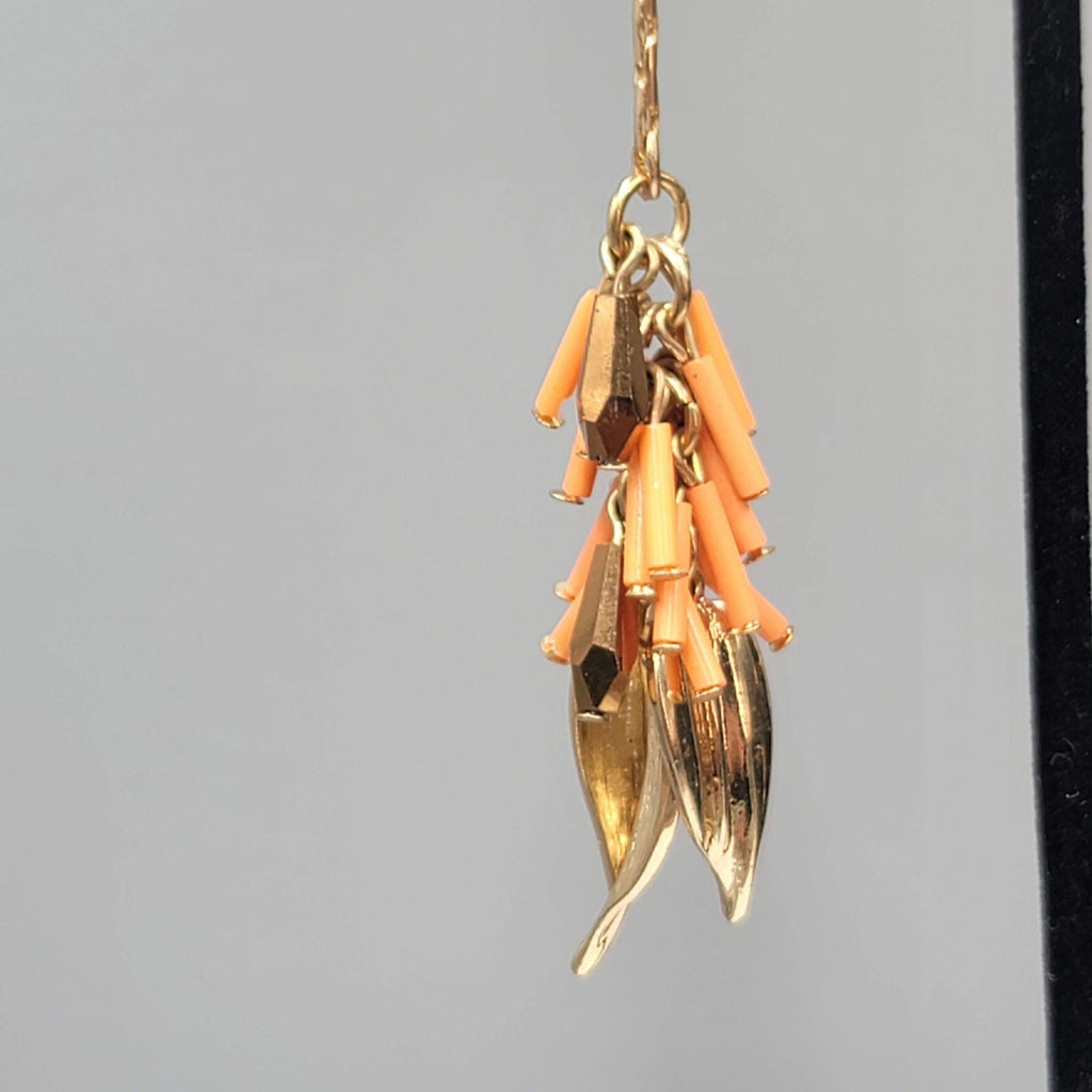 Vintage Pierced Earrings Gold tone Leaf Charms Peach Beads LONG 3.75"