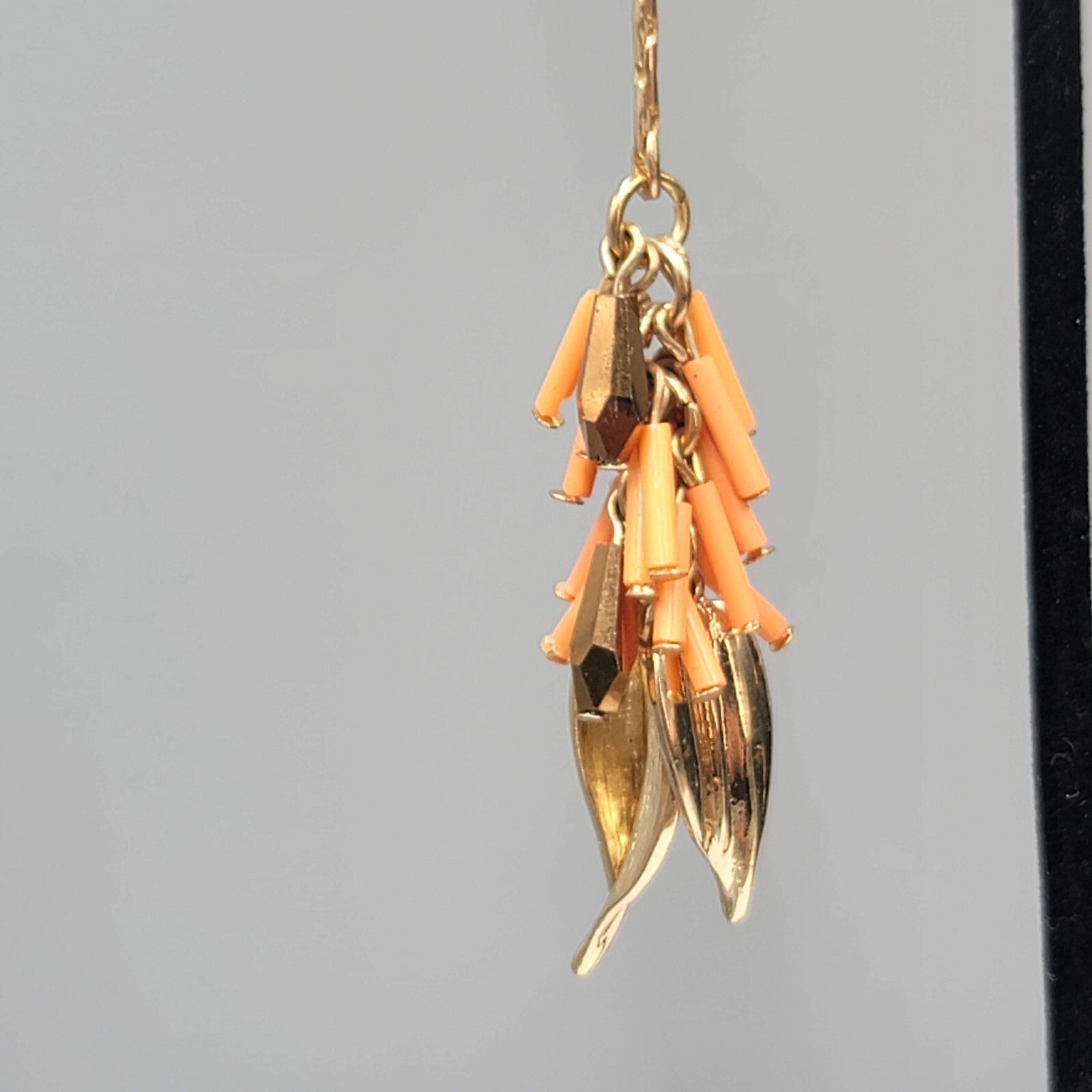 Vintage Pierced Earrings Gold tone Leaf Charms Peach Beads LONG 3.75"