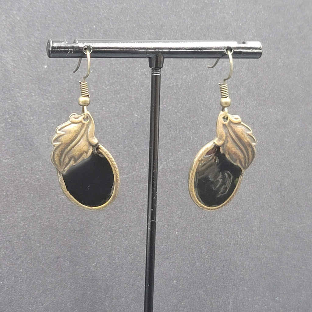 Pierced Earrings Bronze tone Black Enamel Leaf Design 1 1/8"