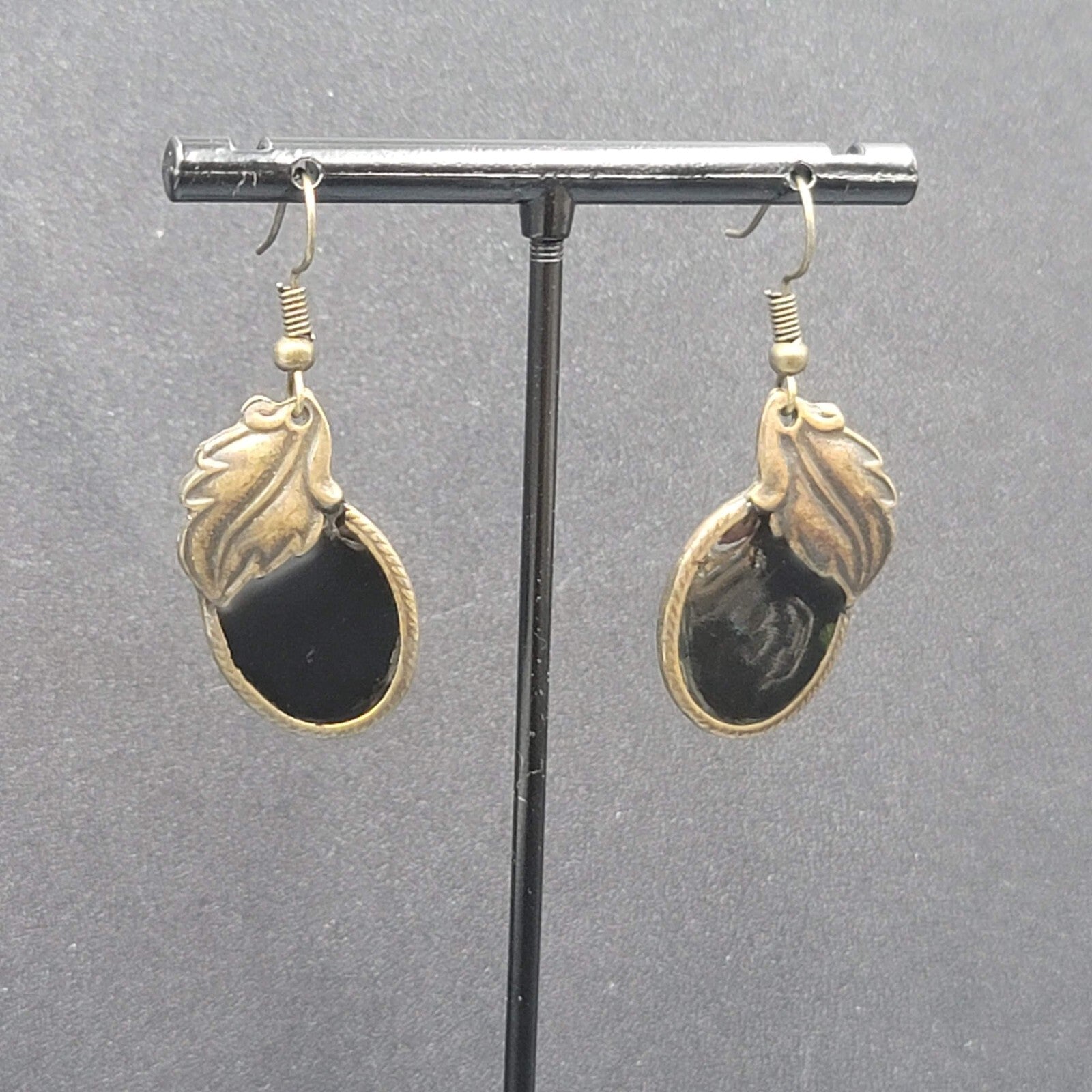 Pierced Earrings Bronze tone Black Enamel Leaf Design 1 1/8"