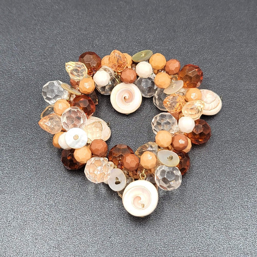 Cluster Bead Bracelet Faceted Acrylic and Shell Browns Creams Stretch Elastic