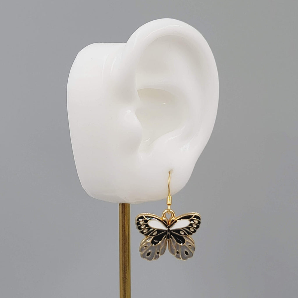 Black Gray Moth Enamel Pierced Earrings Gold tone Dangle Butterfly 3/4"
