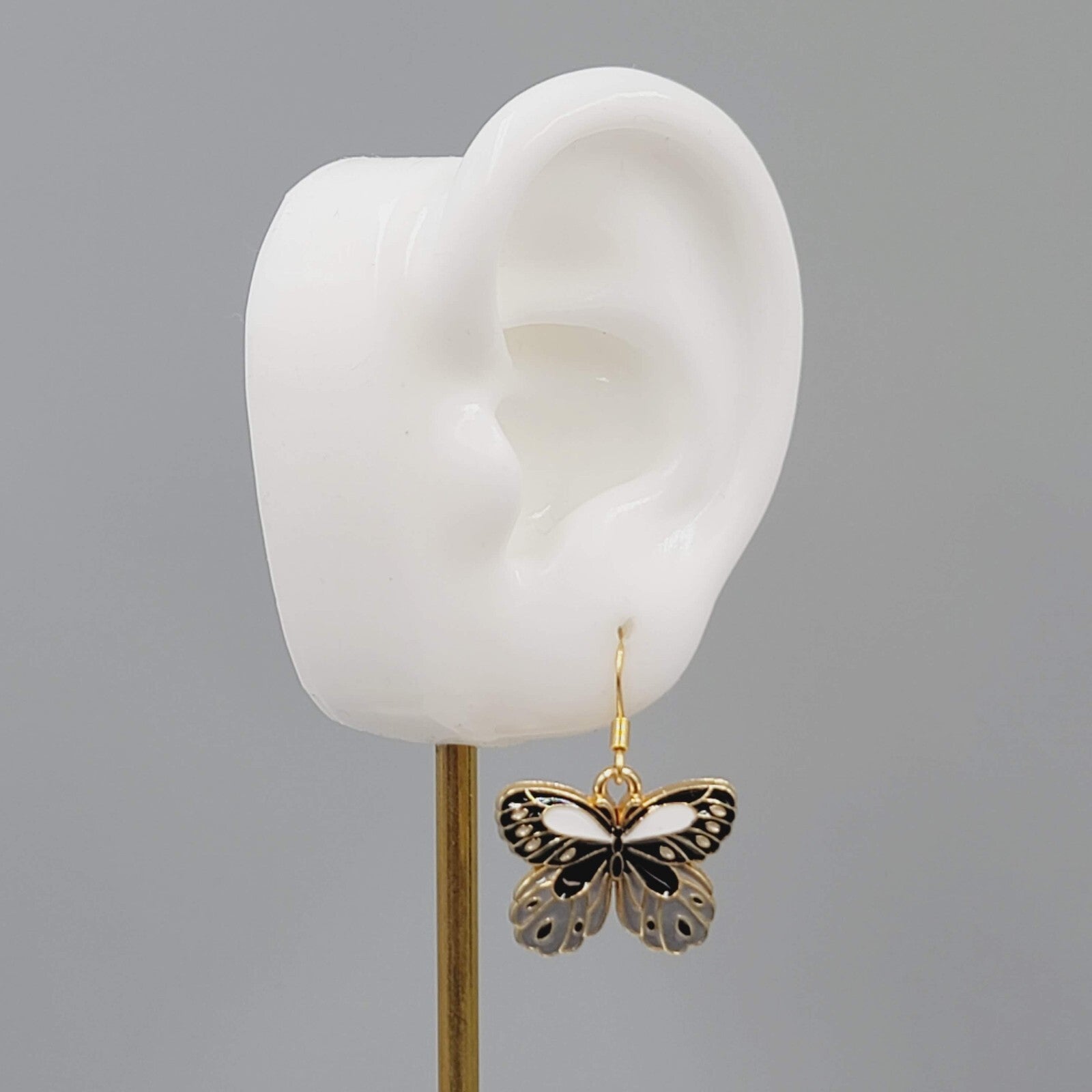 Black Gray Moth Enamel Pierced Earrings Gold tone Dangle Butterfly 3/4"