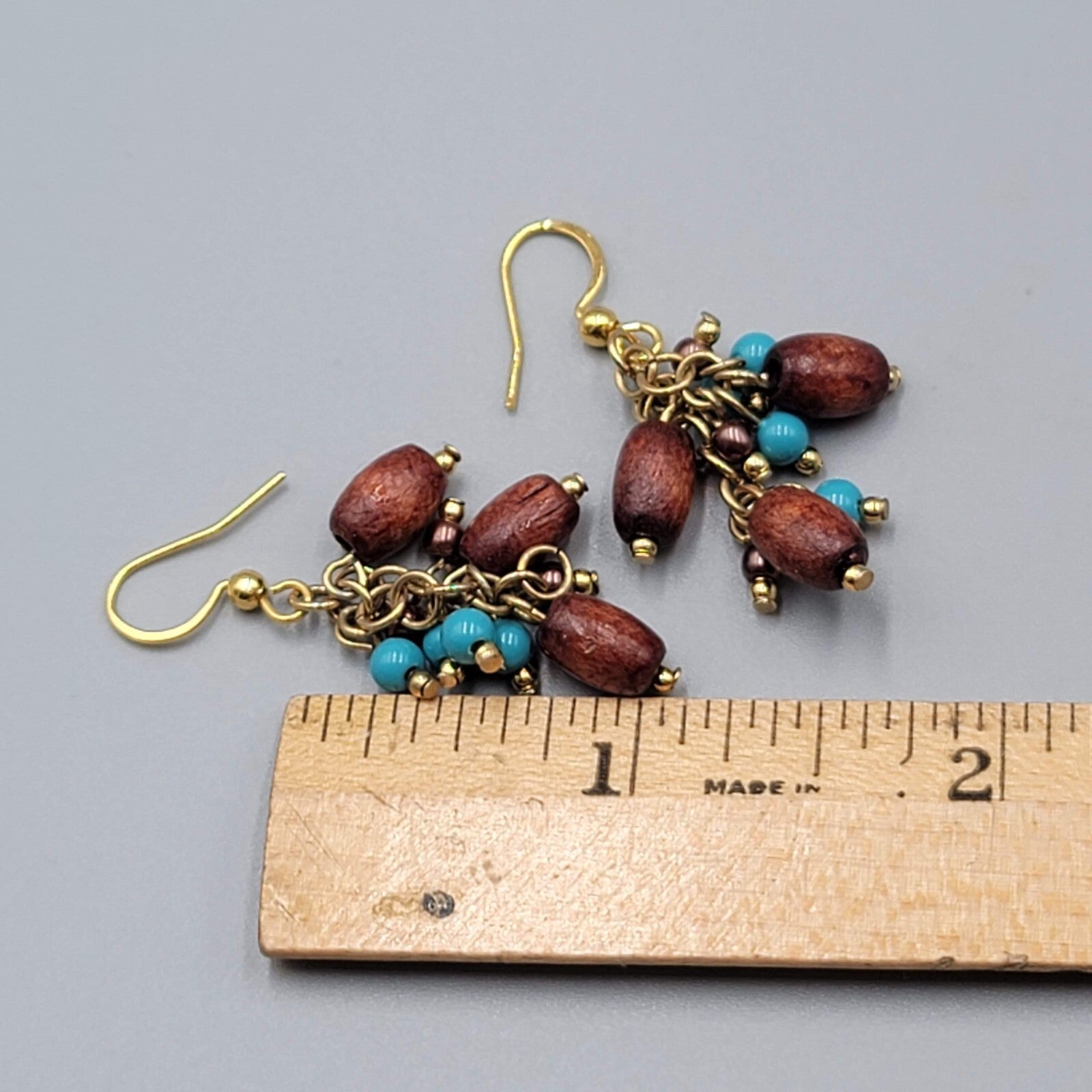 Wood Bead Pierced Earrings Gold tone Blue Bead Dangle 1.25"