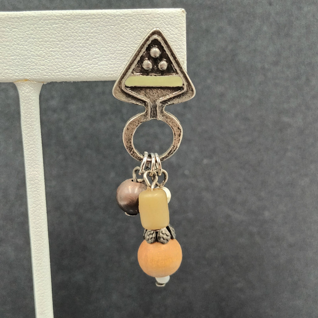 Boho Pierced Earrings Silver tone Wood Bead Dangle 2.25"