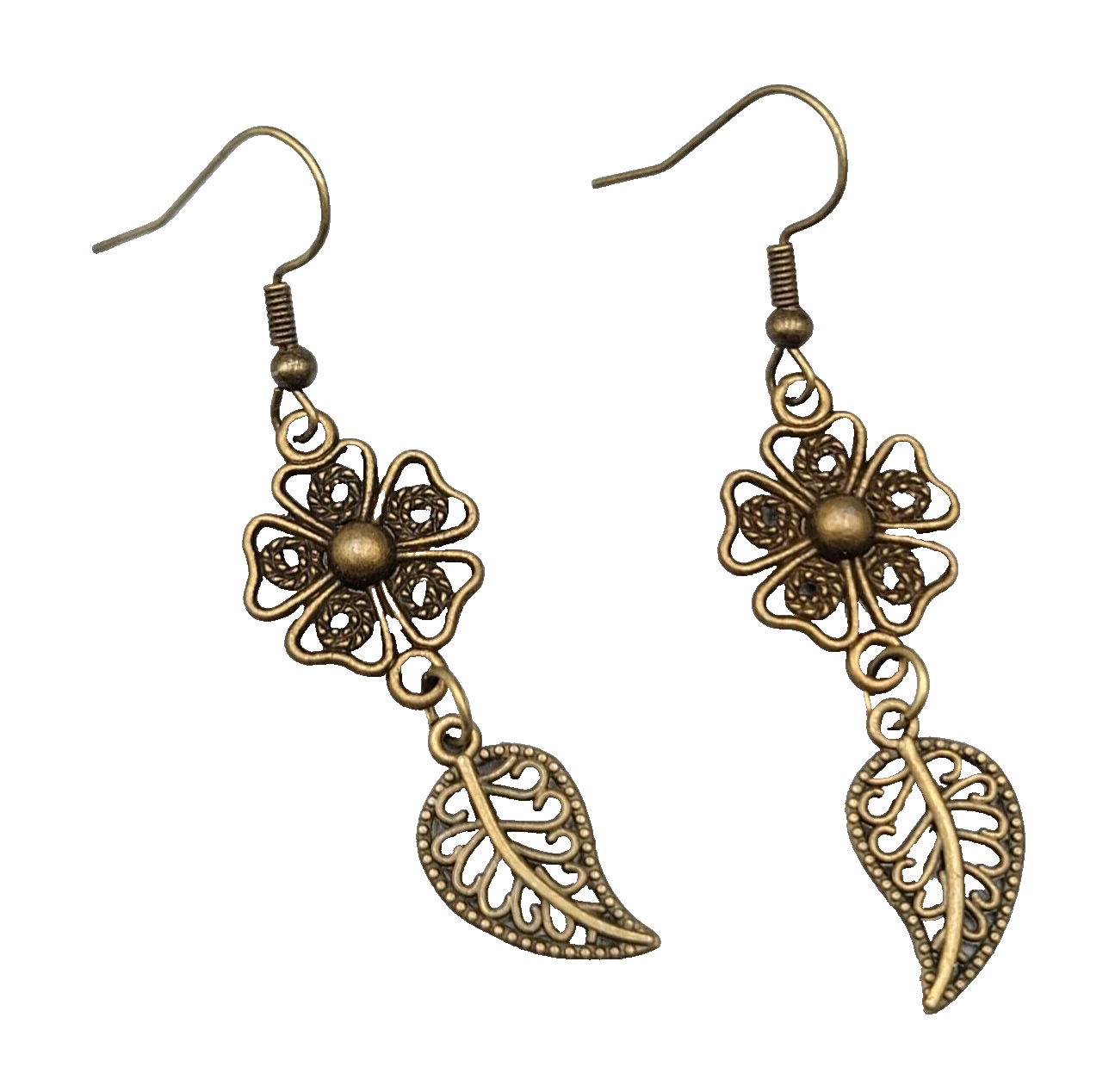 Filigree Flower Pierced Earrings Bronze tone Dangle NEW 1.5"