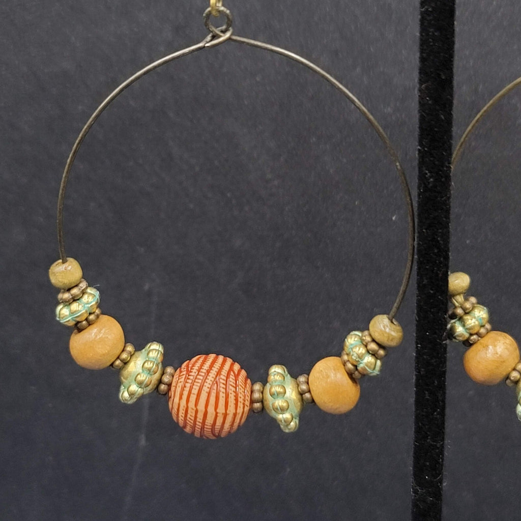 New Boho Pierced Earrings Gold tone Green Accent Wood Beaded Hoops 2"