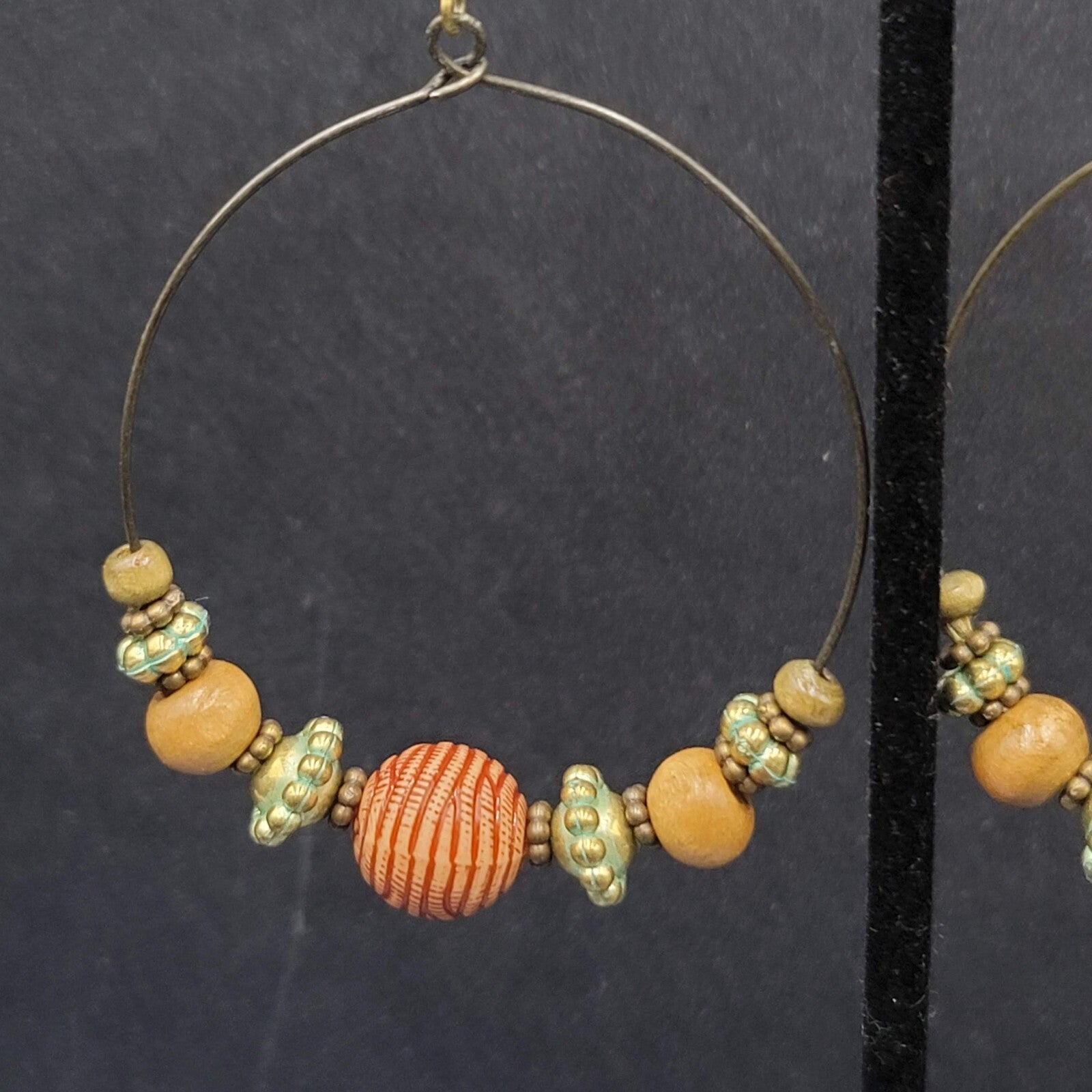 New Boho Pierced Earrings Gold tone Green Accent Wood Beaded Hoops 2"