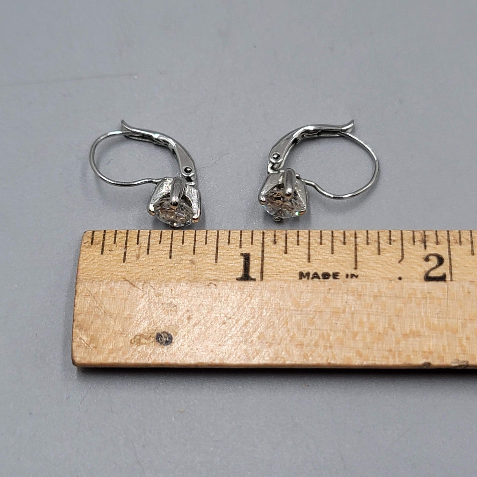 Cubic Zirconia Drop Pierced Earrings Silver tone Dangle  1/2"