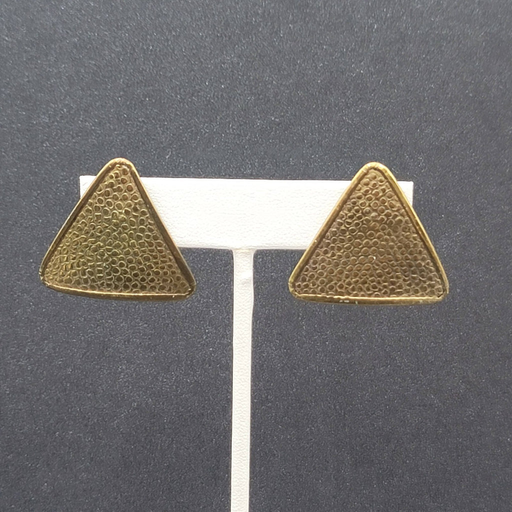 Vintage Pierced Earrings Solid Brass Textured Triangle Drop 1 1/8"