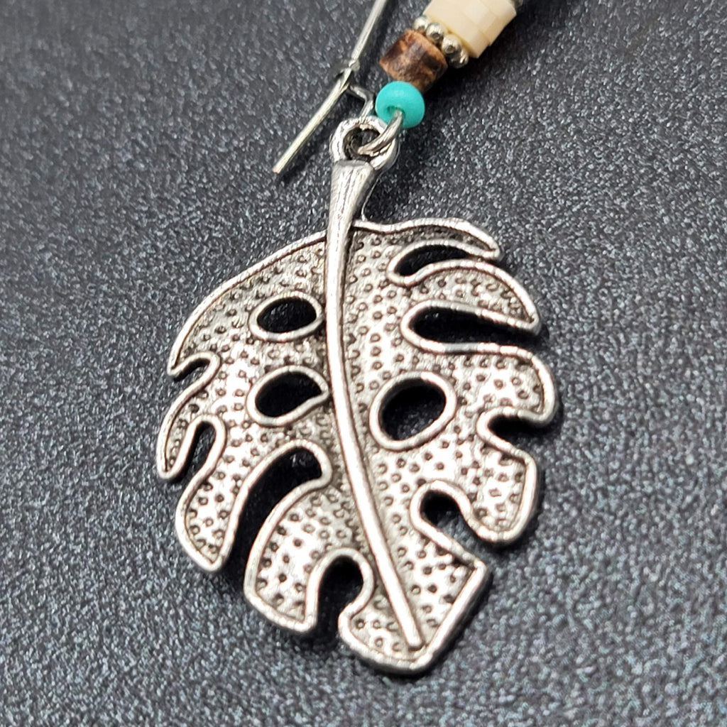 Pierced Earrings Silver tone Leaf Beaded Dangle 2.25"