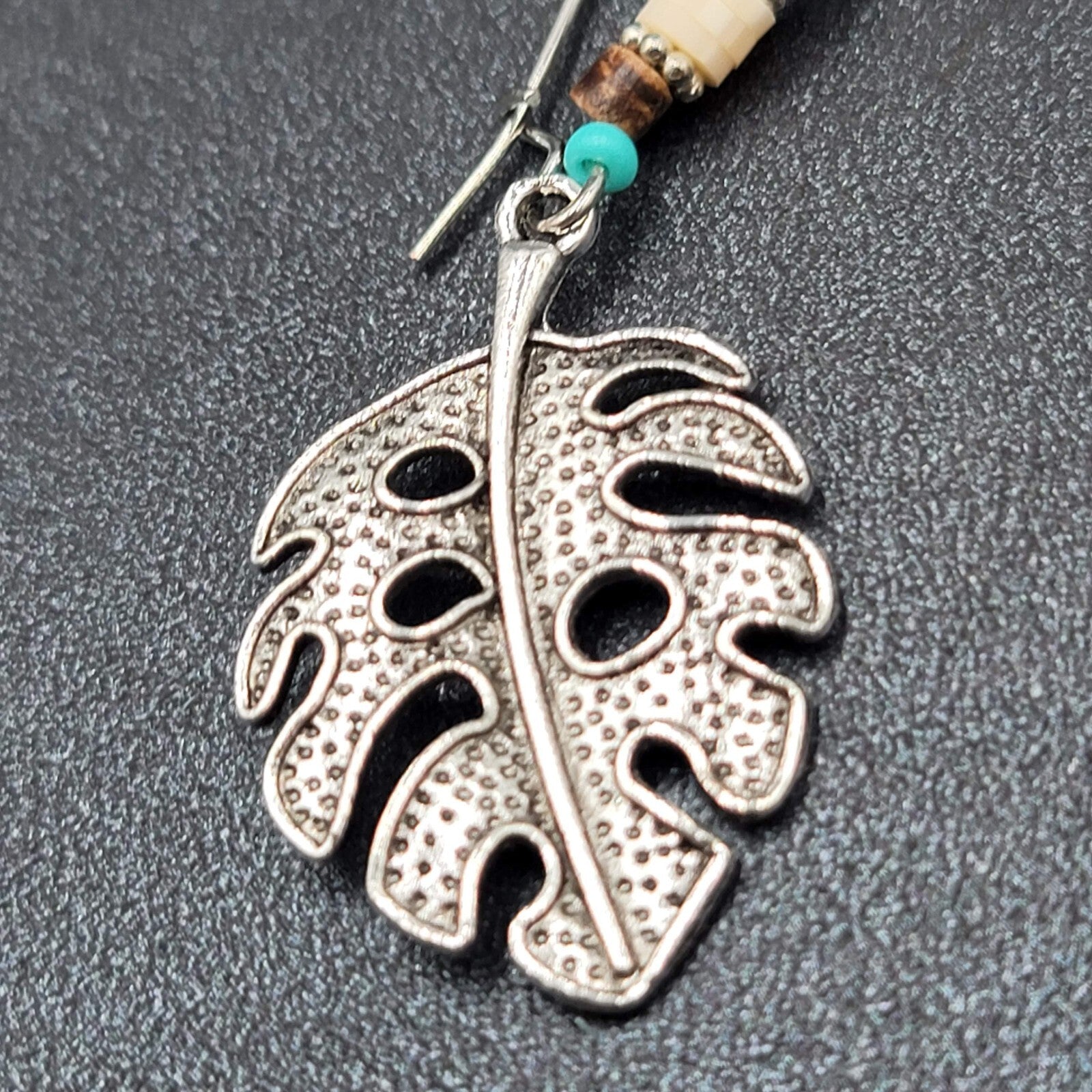 Pierced Earrings Silver tone Leaf Beaded Dangle 2.25"
