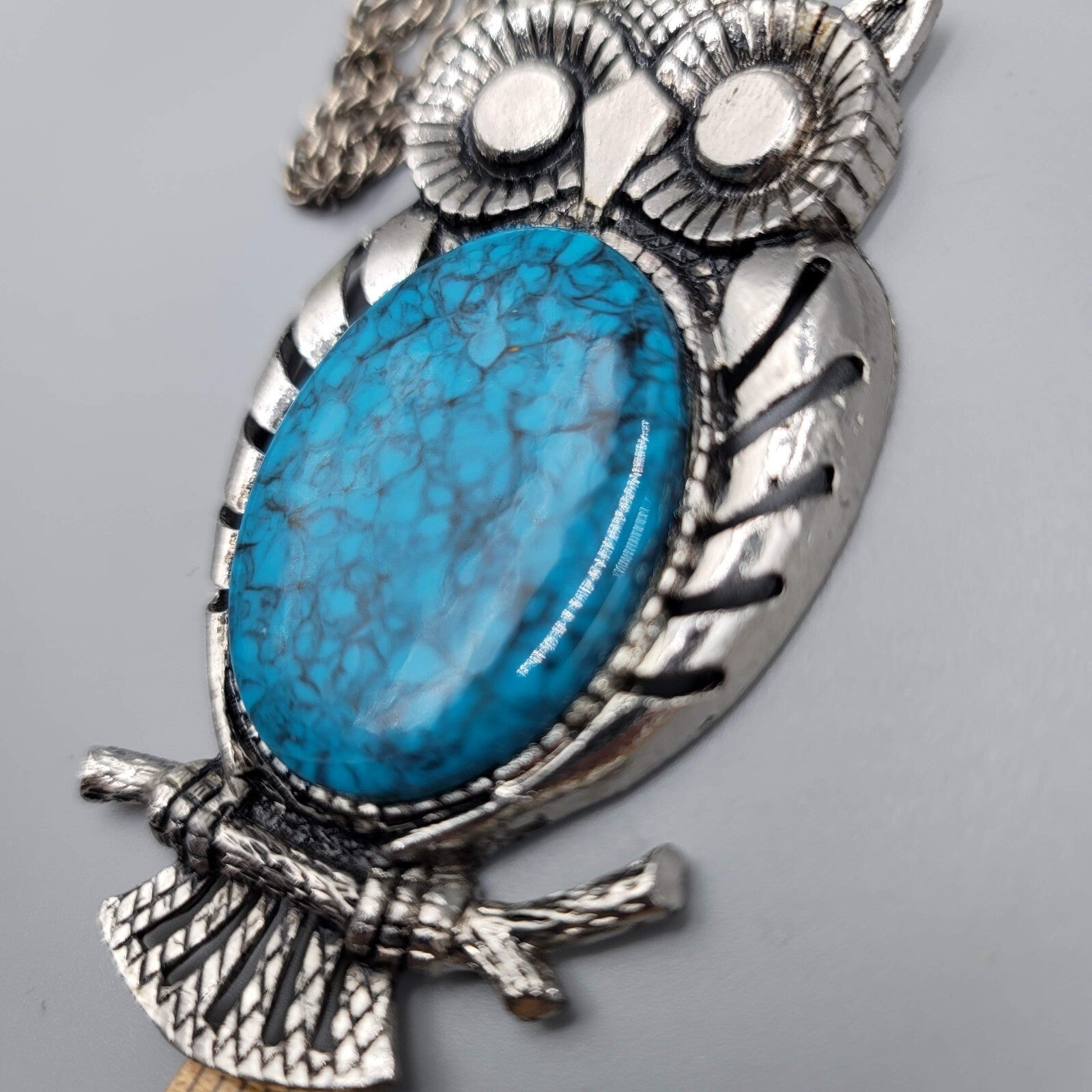 Vintage Owl Necklace Silver tone Blue Speckle Acrylic Large 3.5" Pendant 24" L