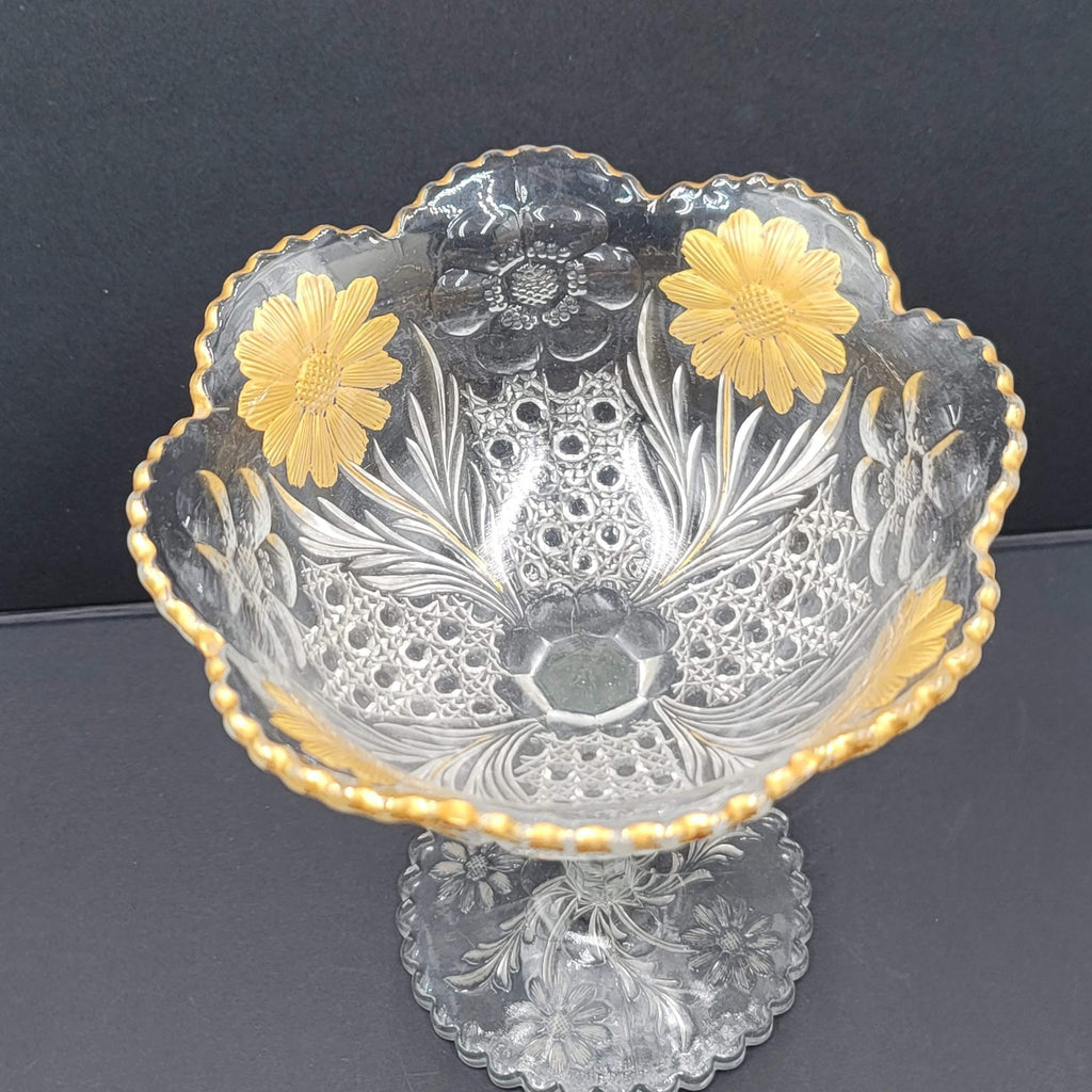 Pressed glass compote candy dish clear gold daisy floral pedestal scalloped rim
