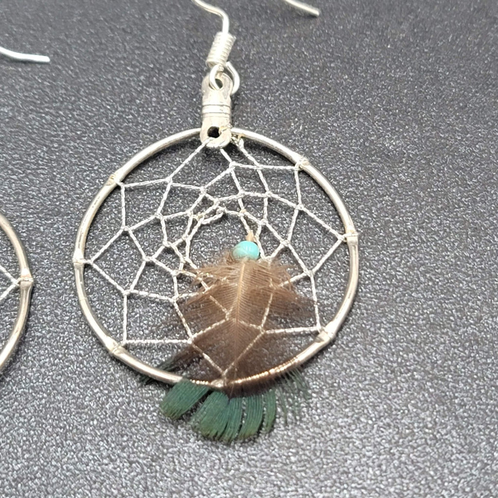 Vintage Pierced Earrings Silver tone Dreamcatcher Real Feather  1.5"