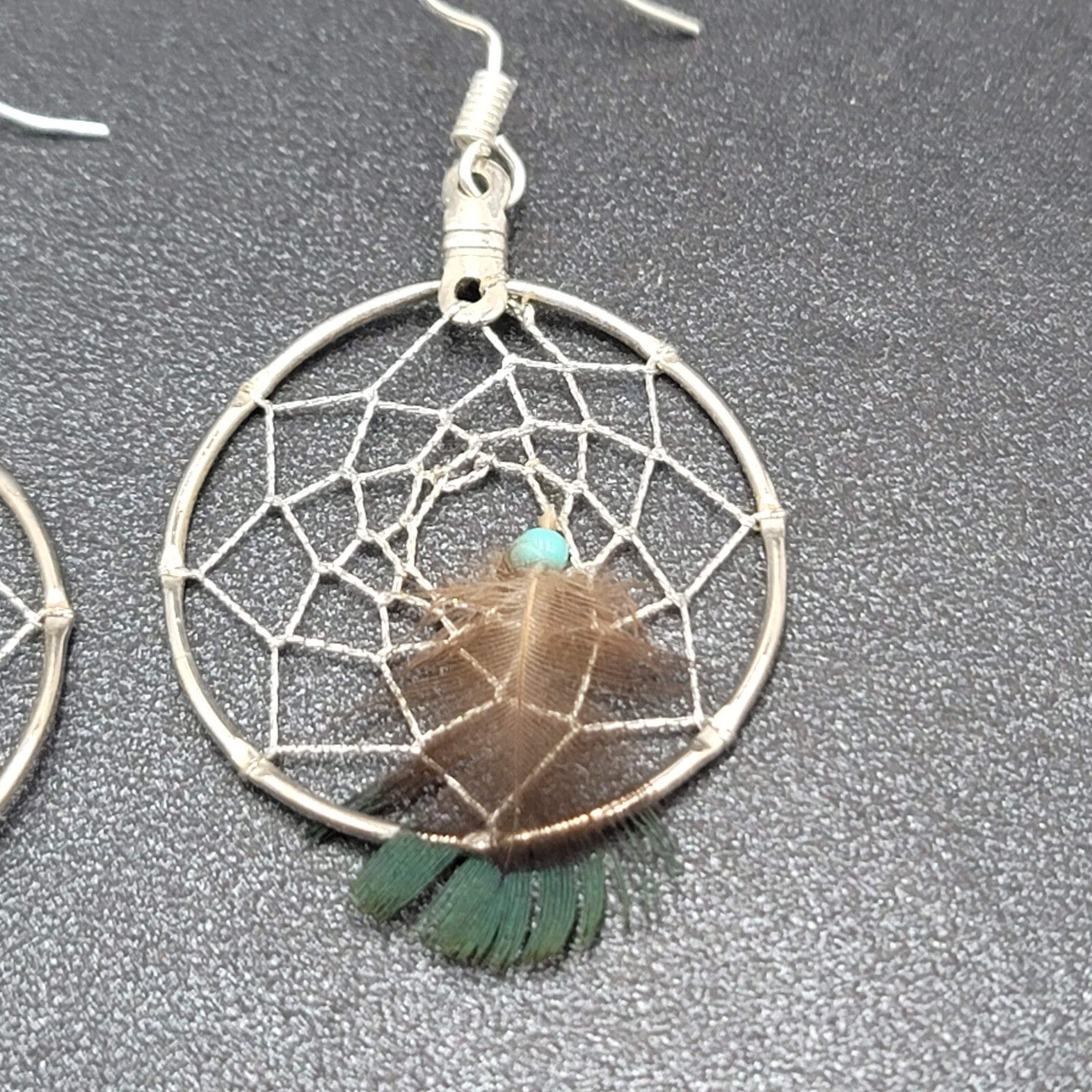 Vintage Pierced Earrings Silver tone Dreamcatcher Real Feather  1.5"
