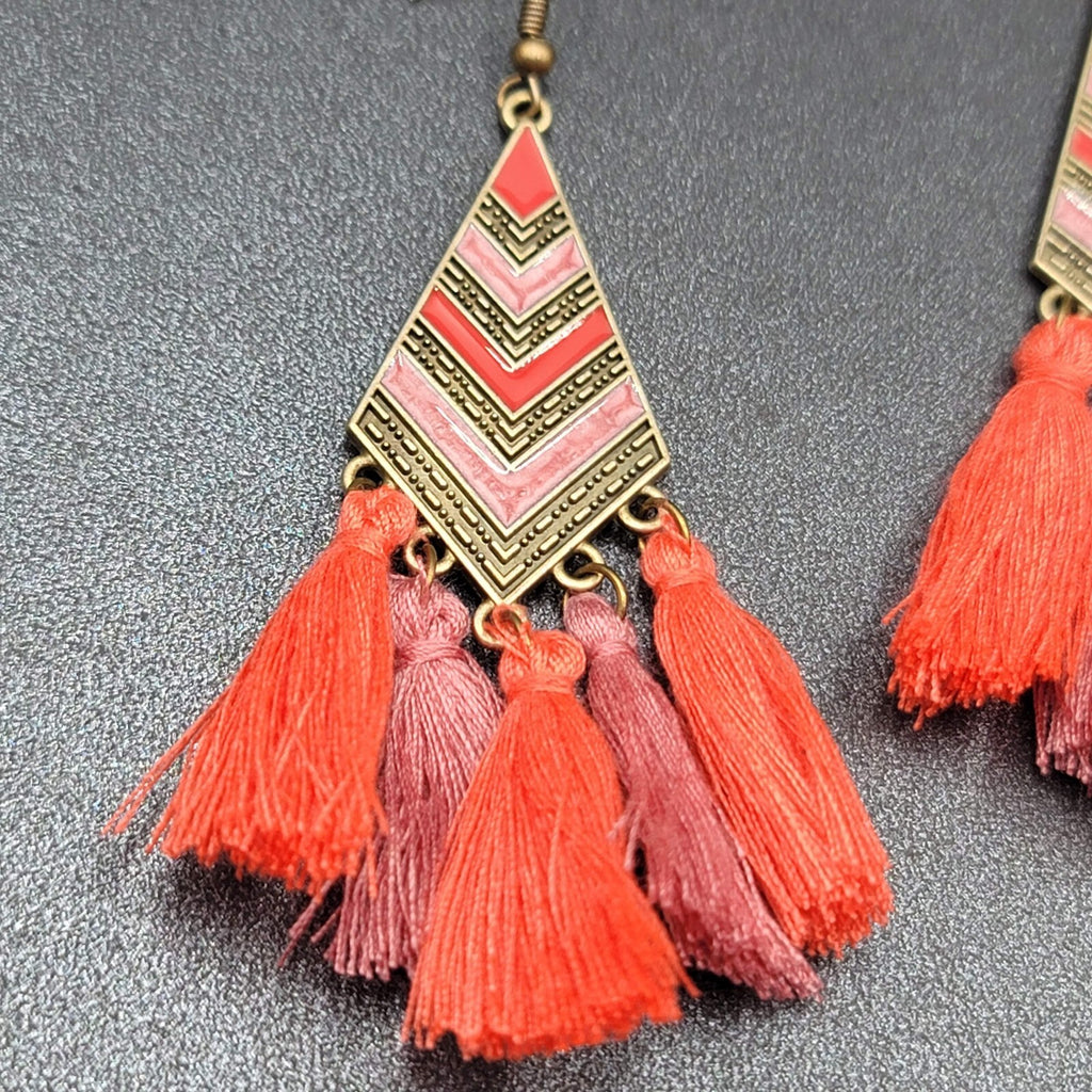 New Boho Pierced Earrings Antiqued Gold tone Enamel Orange Purple Tassel 3"