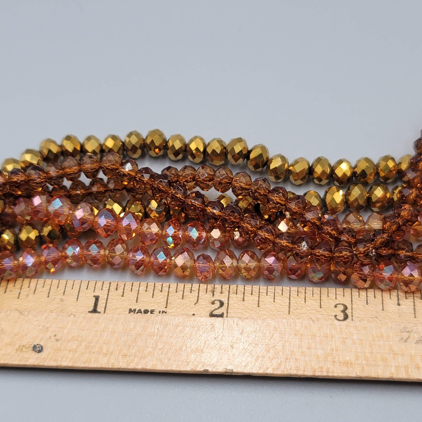 Long Crystal Bead Necklace Triple Strand Gold tone Chain 36"-38"