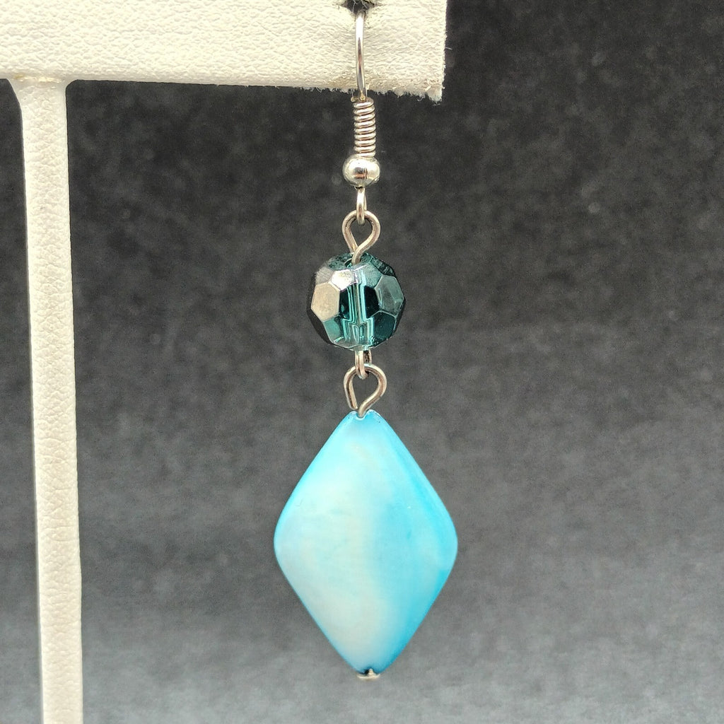 Pierced Earrings Silver tone Hook Blue Shell Geometric Beaded Dangle 1 5/8"