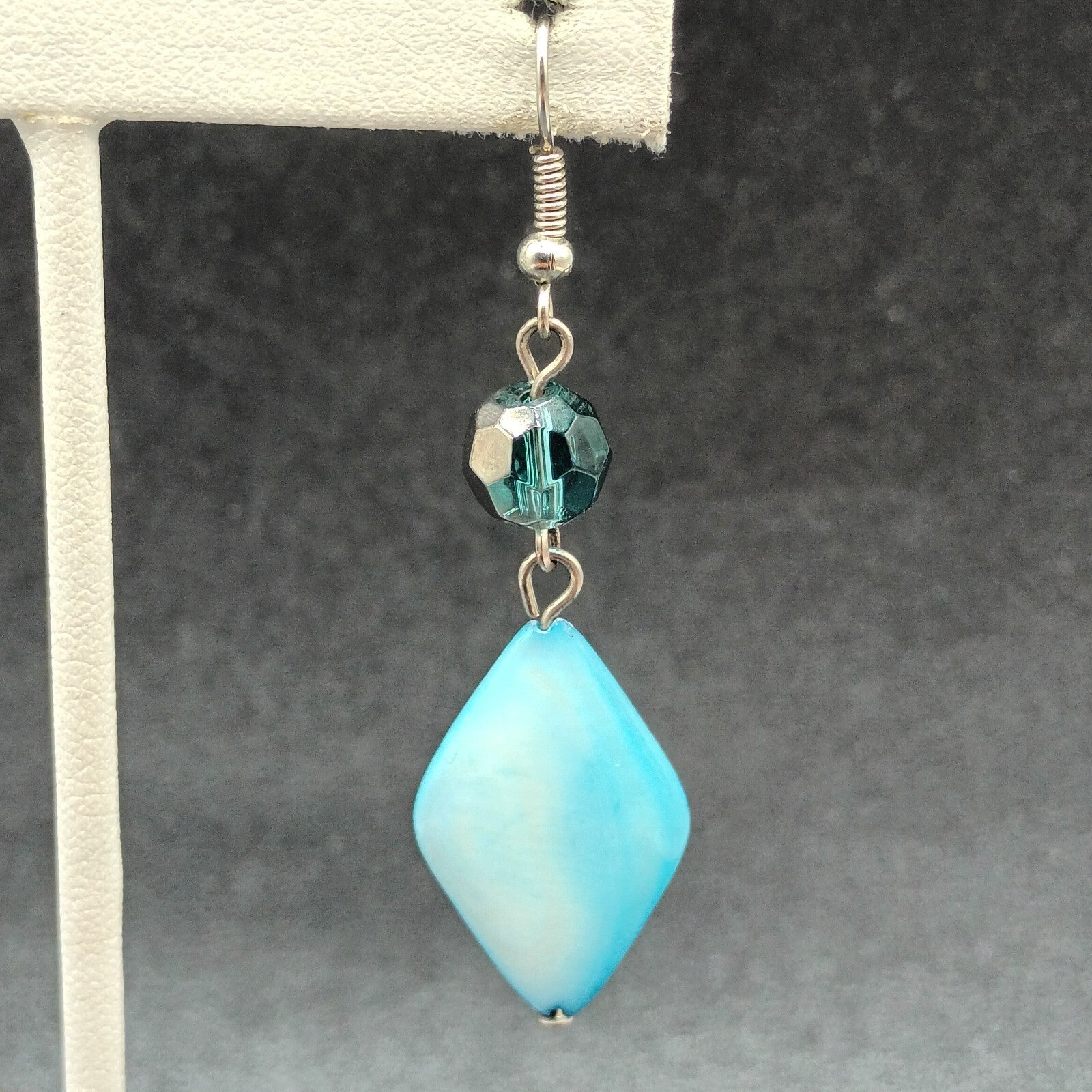 Pierced Earrings Silver tone Hook Blue Shell Geometric Beaded Dangle 1 5/8"