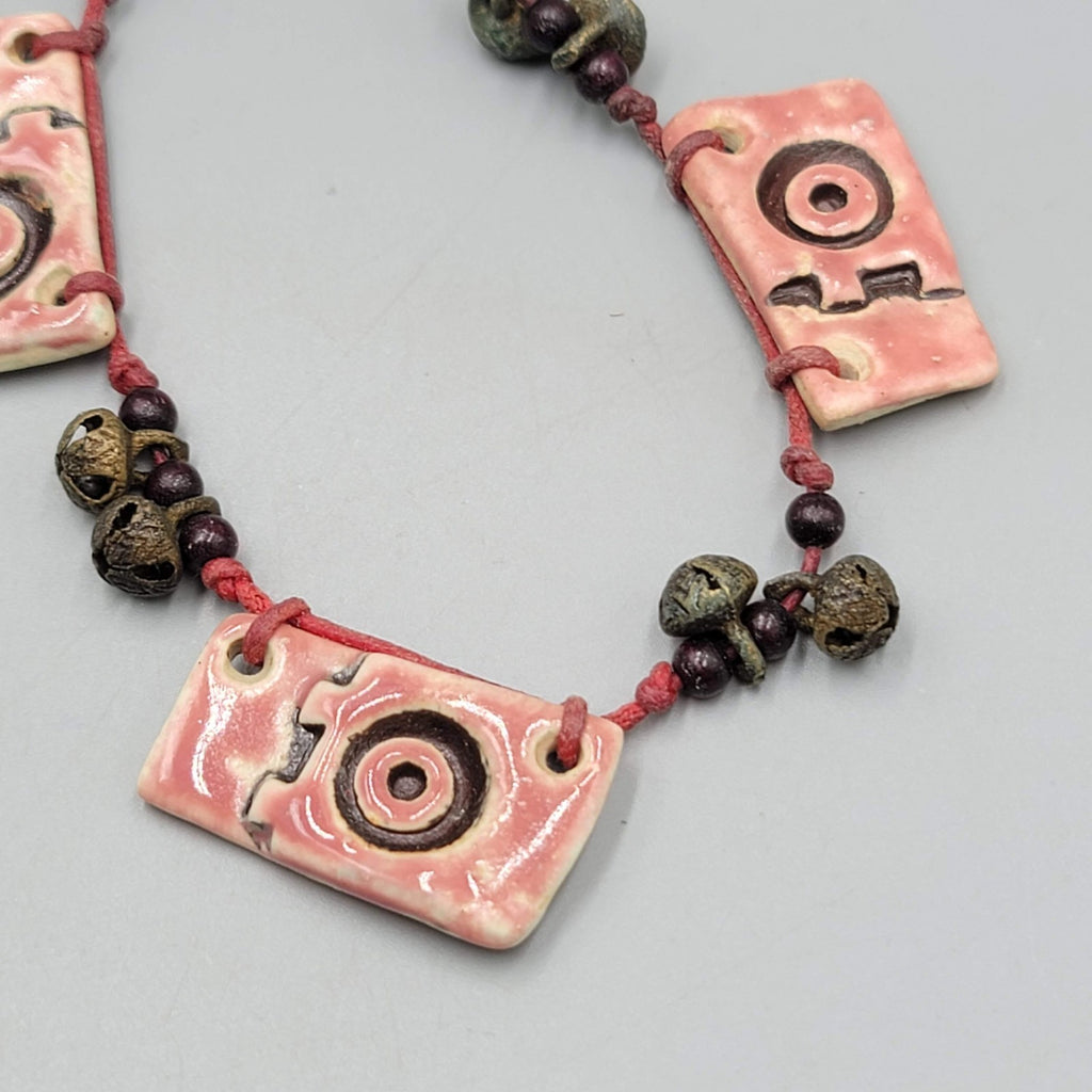 Artisan Necklace Handmade Art Pottery Bells Hand Knotted Cord 16"-18"