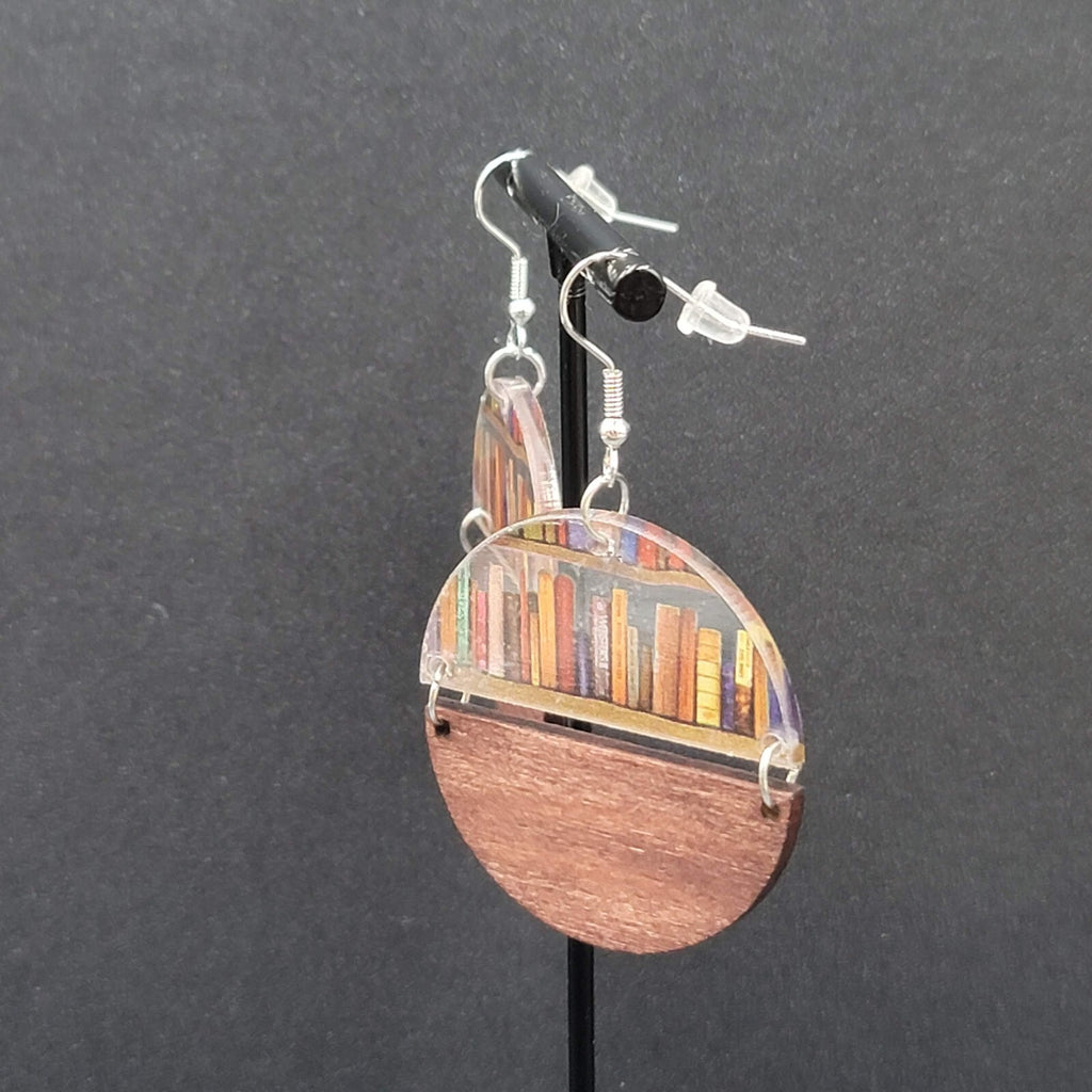 Pierced Earrings Wood and Resin Book Lovers Shelf Modernist Dangle 1 5/8"