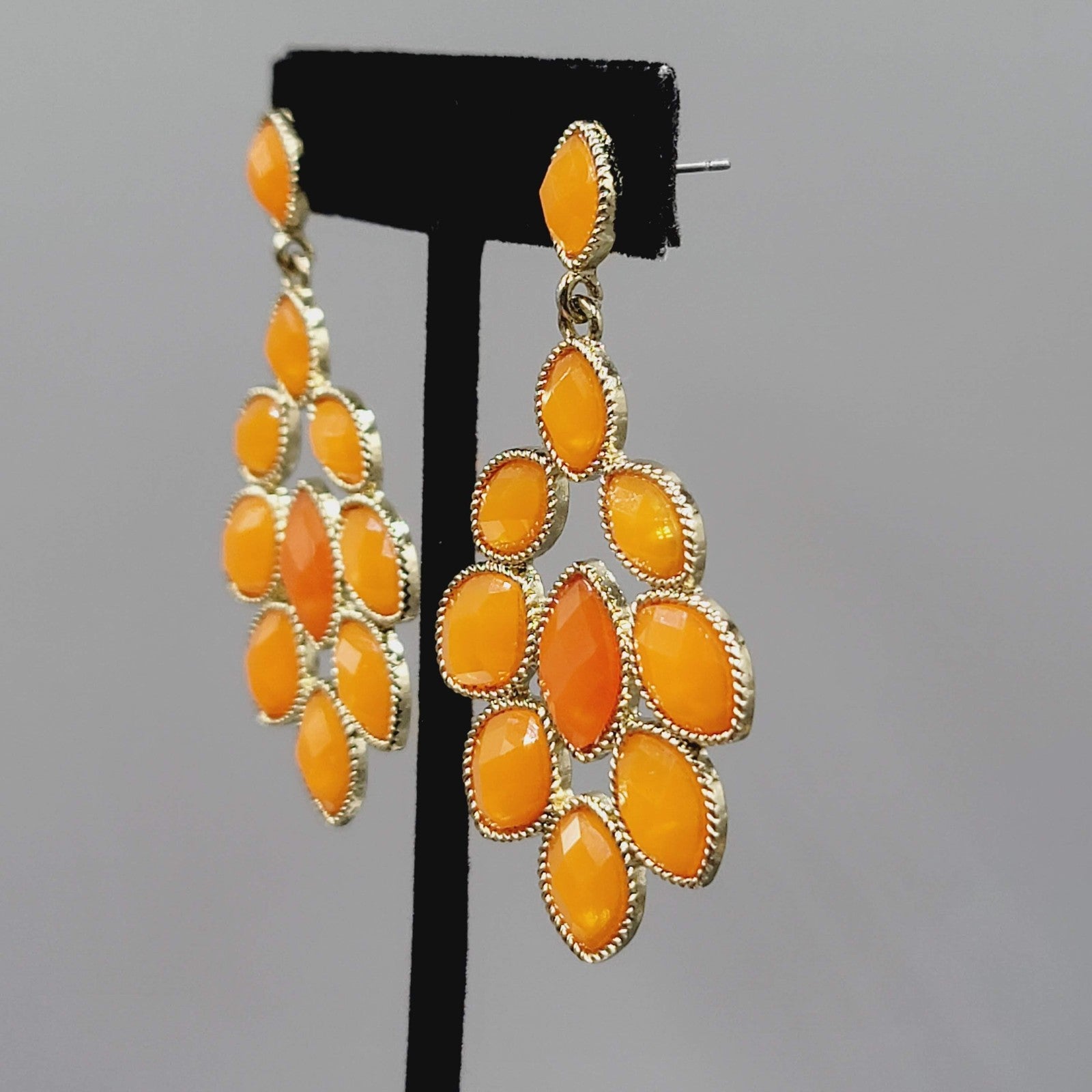 Statement Dangle Pierced Earrings Gold Tone Faceted Orange Bold Costume 2.5"