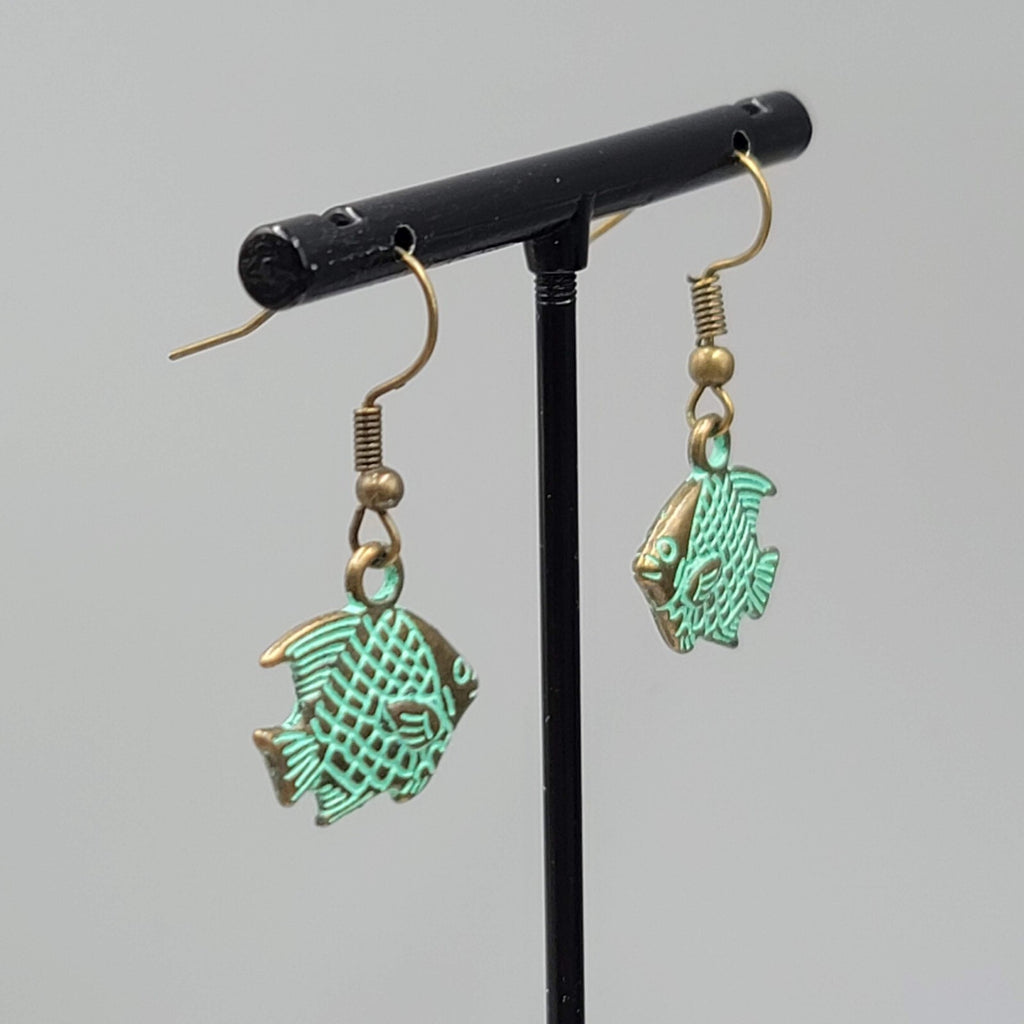 Fish Beach Sea life Pierced Earrings Bronze tone Green wash Dangle 5/8"