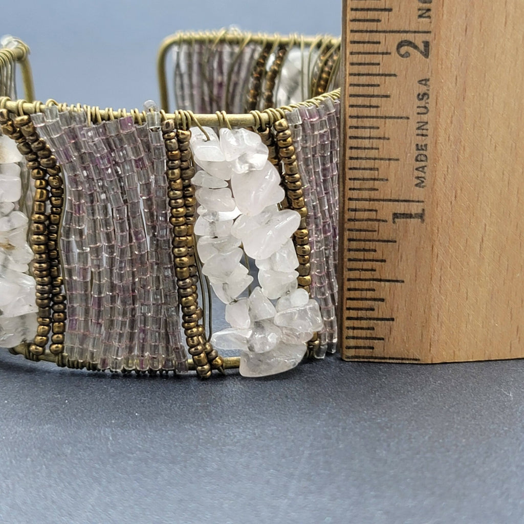 CHUNKY Urban Artisanal Metal Wire Wrapped Wide Cuff Bracelet Quartz Beads