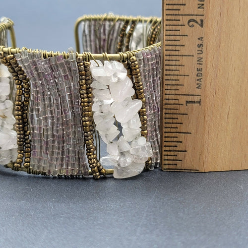 CHUNKY Urban Artisanal Metal Wire Wrapped Wide Cuff Bracelet Quartz Beads