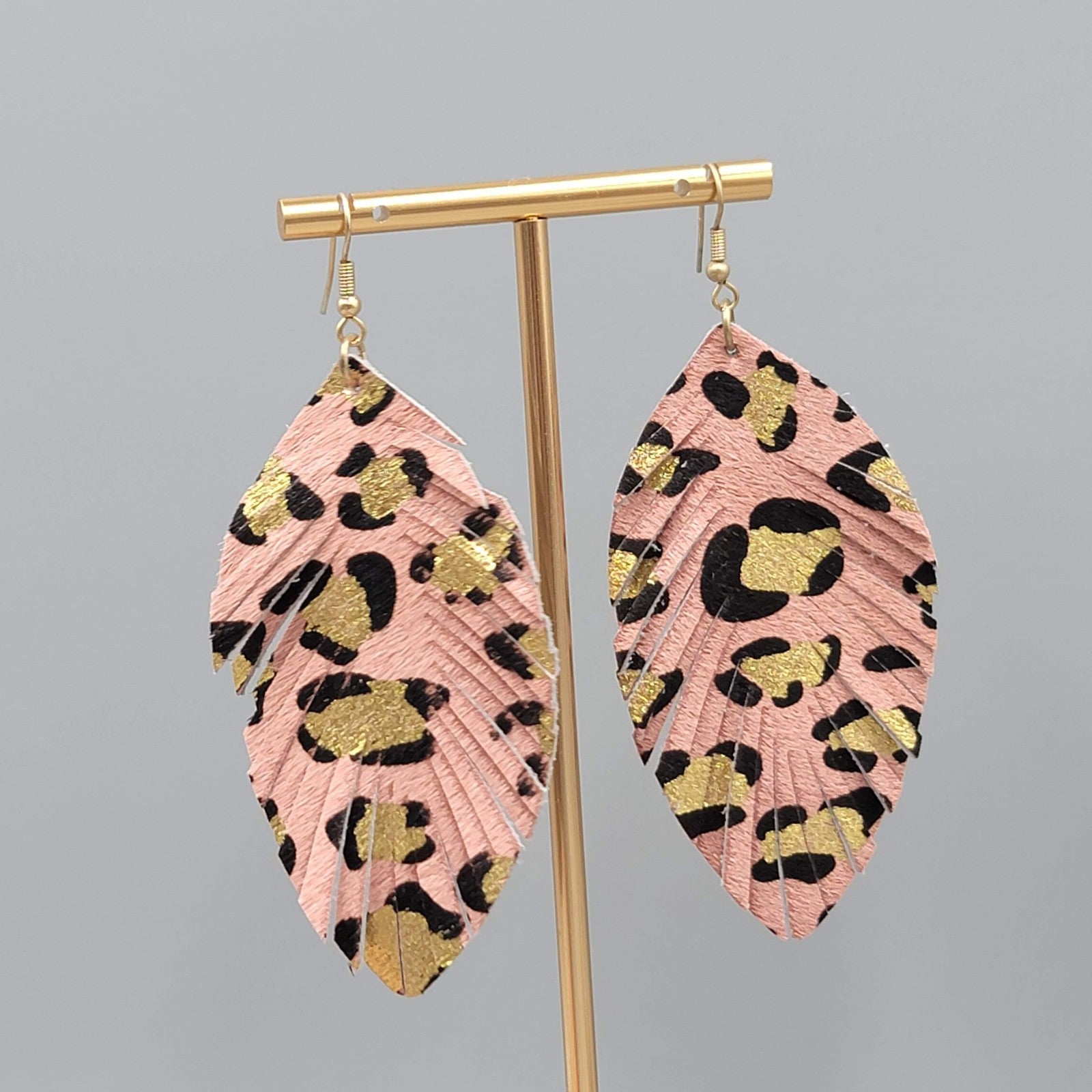 Leopard Print Leaf Earrings Faux Leather Statement Lightweight Boho 3.25"