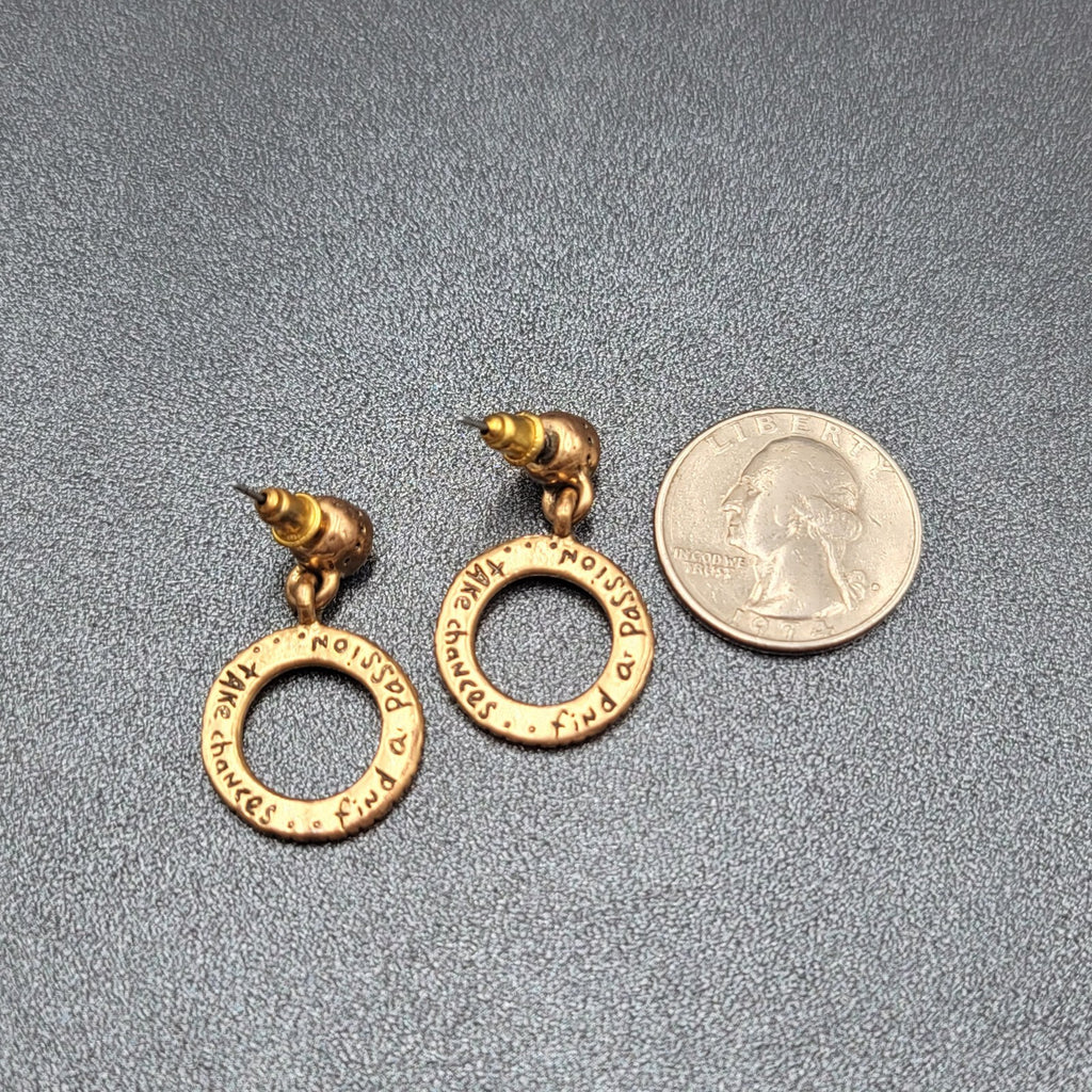 Pierced Earrings TAKE CHANCES FIND A PASSION Gold tone Dangle Hidden  1 1/8"