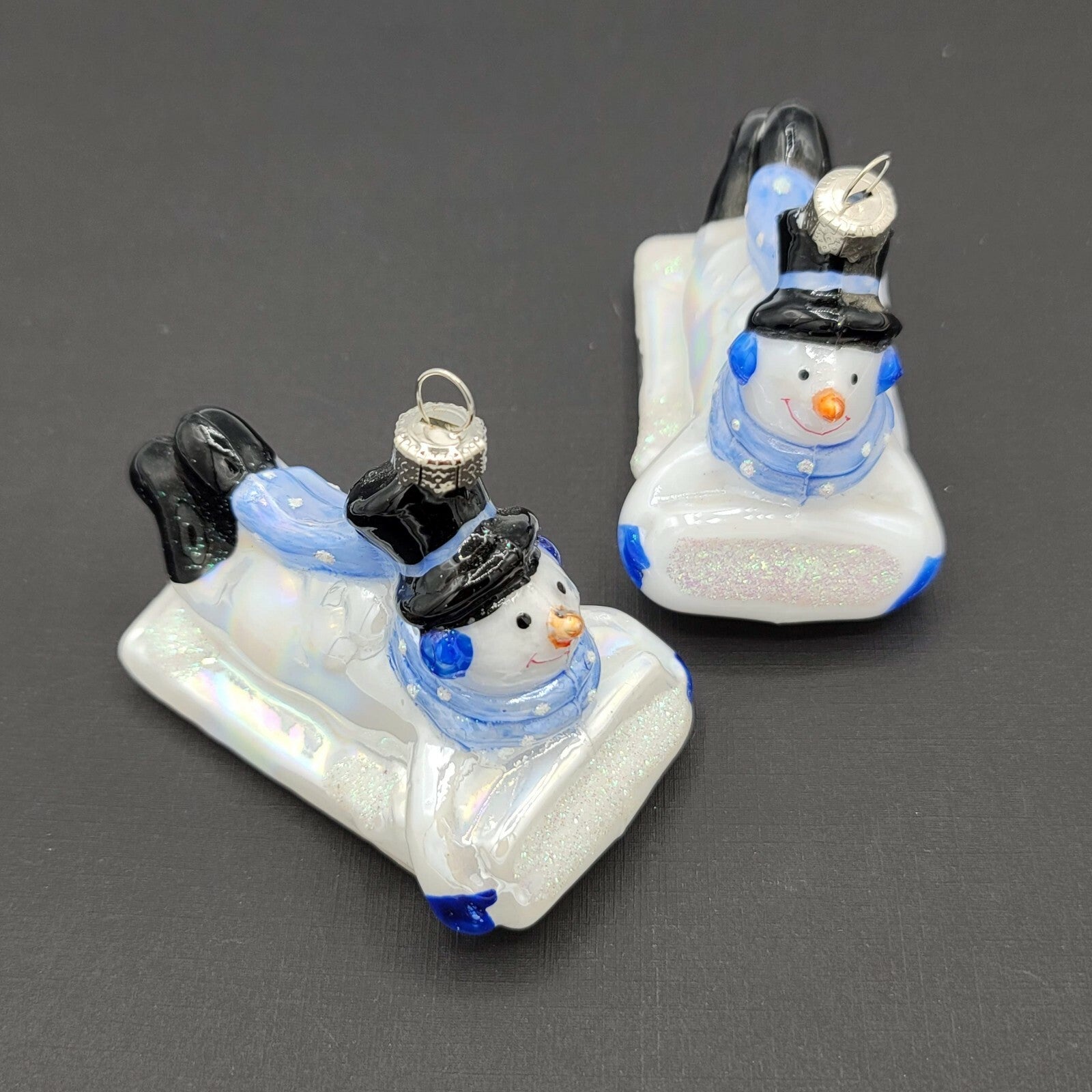 Snowman Christmas Ornament Glass Sledding Colorful Glitter Lot of 2