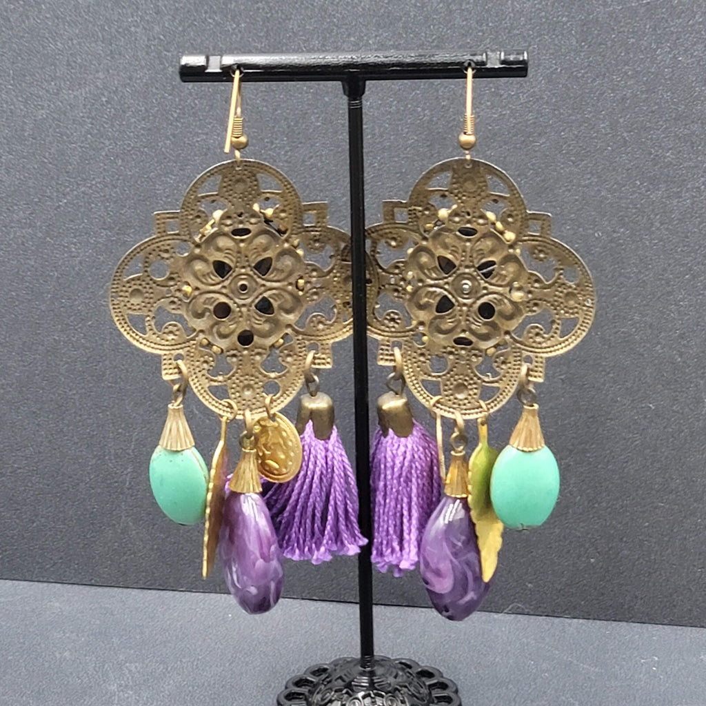 Pierced Earrings Large Statement Bronze tone Purple Tassel Boho Charms 3.5"