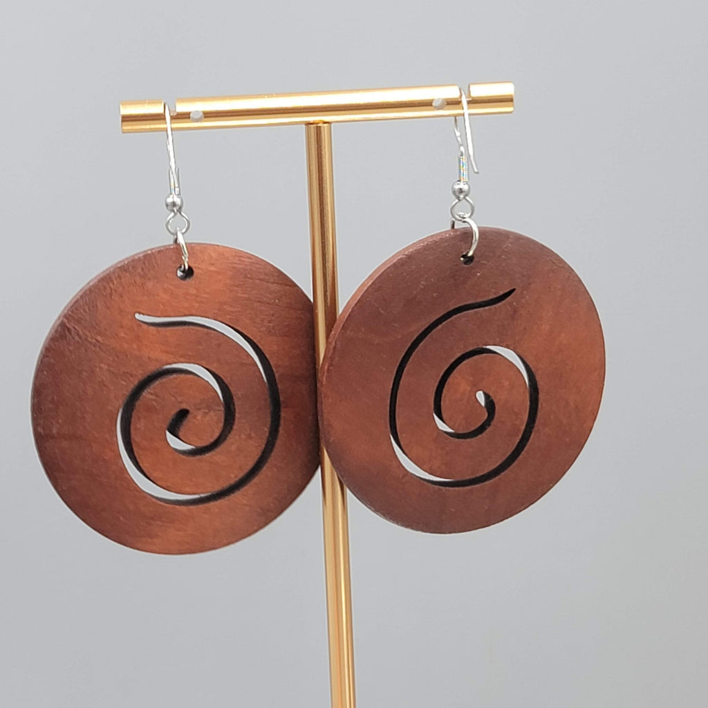Wood Cut Large Round Swirl Boho Pierced Earrings Silver tone Dangle 2 in