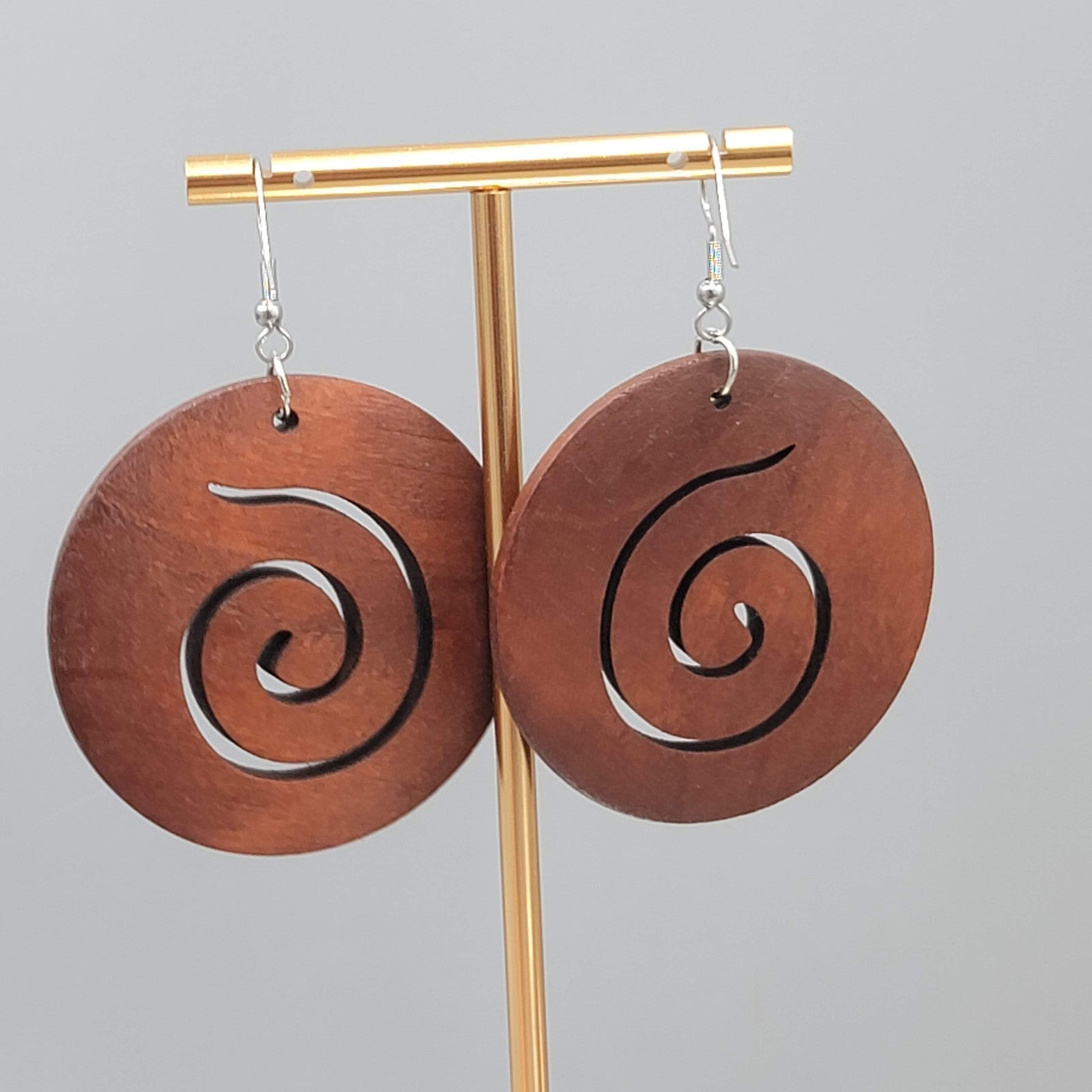 Wood Cut Large Round Swirl Boho Pierced Earrings Silver tone Dangle 2 in