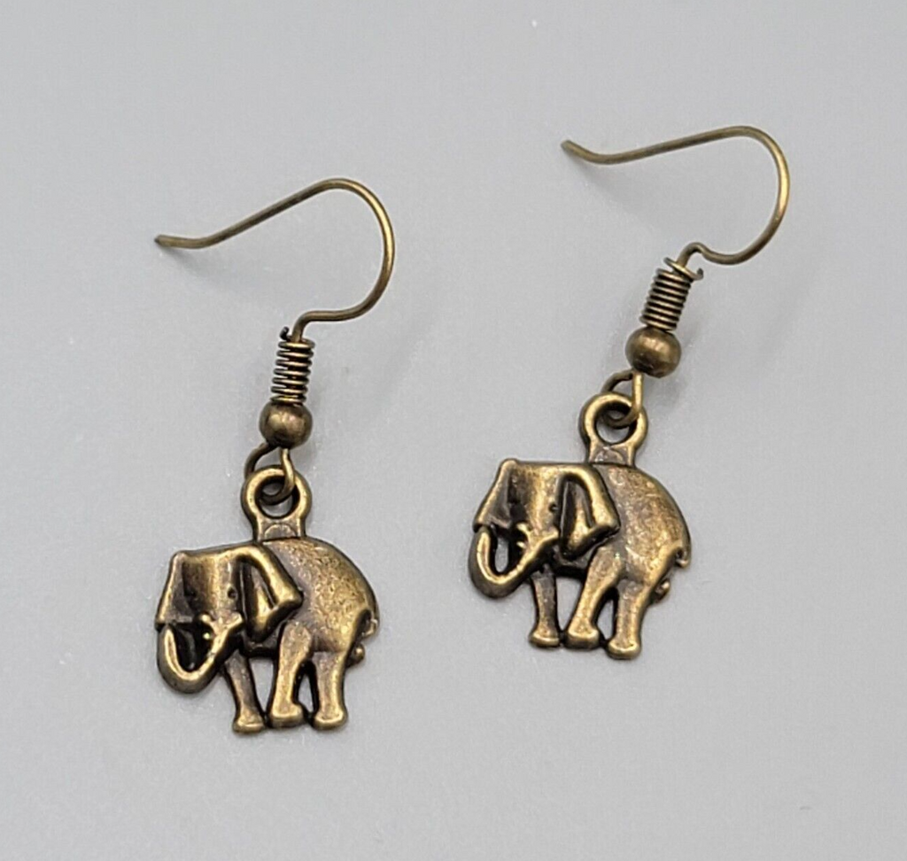 Elephant Pierced Earrings Bronze tone Embossed Dangle 5/8"