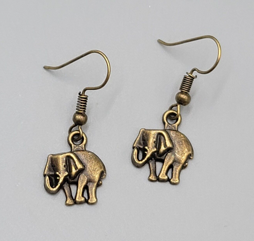 Elephant Pierced Earrings Bronze tone Embossed Dangle 5/8"