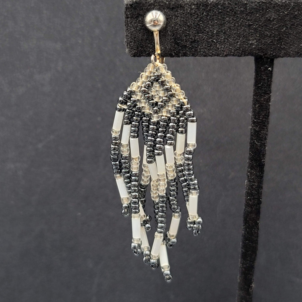 Vintage Clip on Earrings Seed Bead Weaved Dangle 2 3/8"
