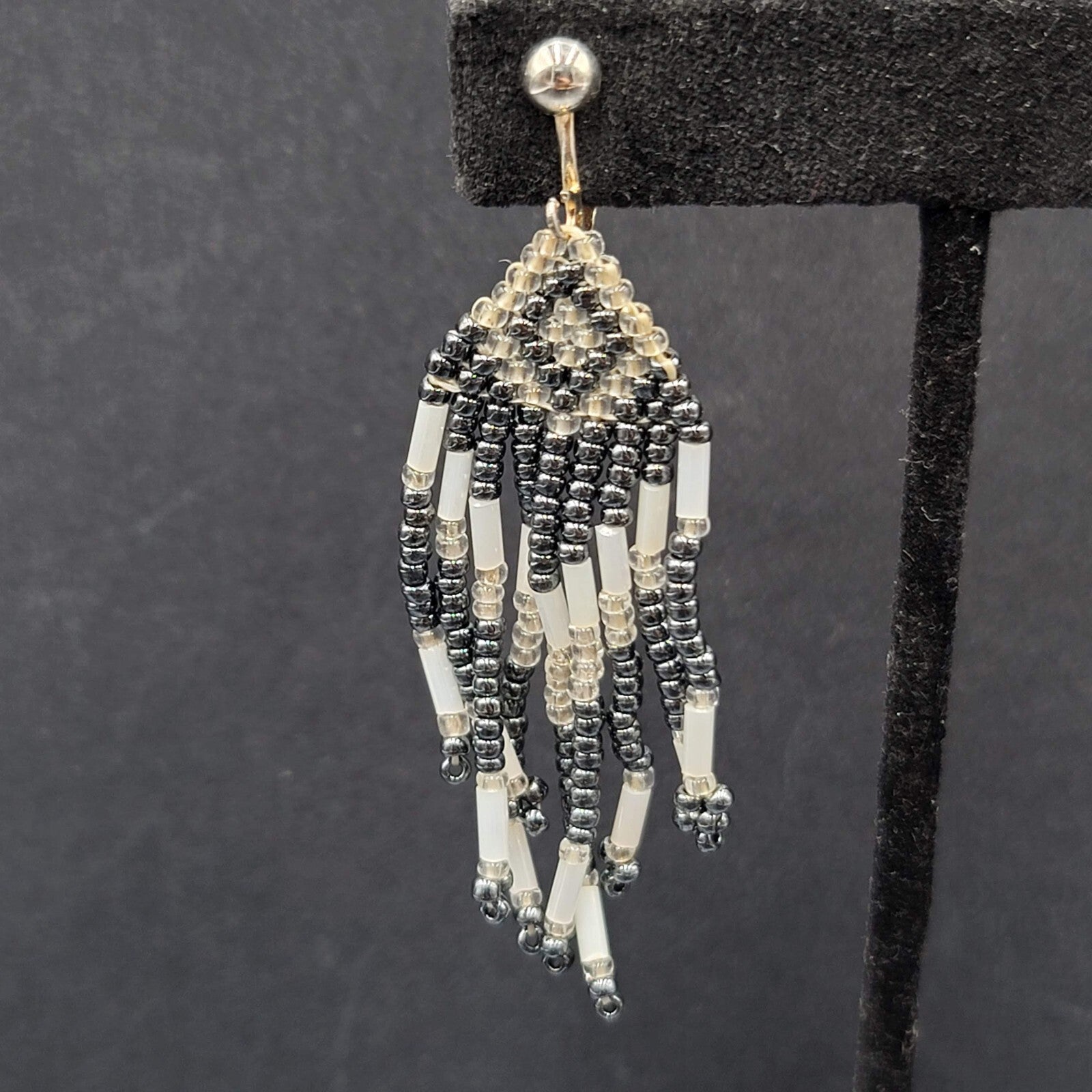 Vintage Clip on Earrings Seed Bead Weaved Dangle 2 3/8"