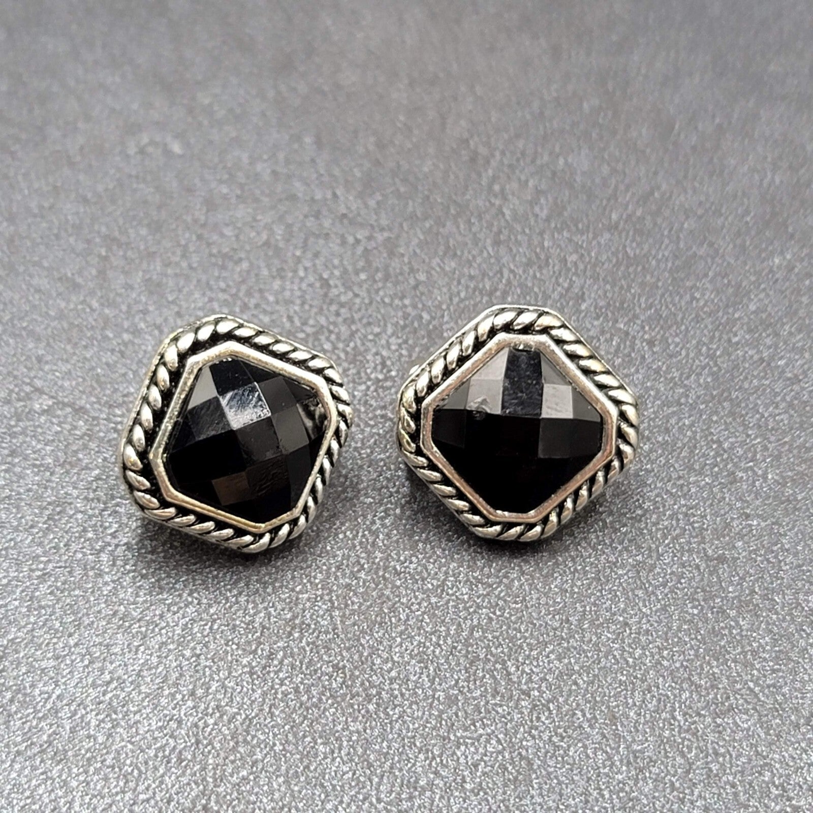 Clip on Earrings Silver tone Black Faceted Square Studs 5/8"